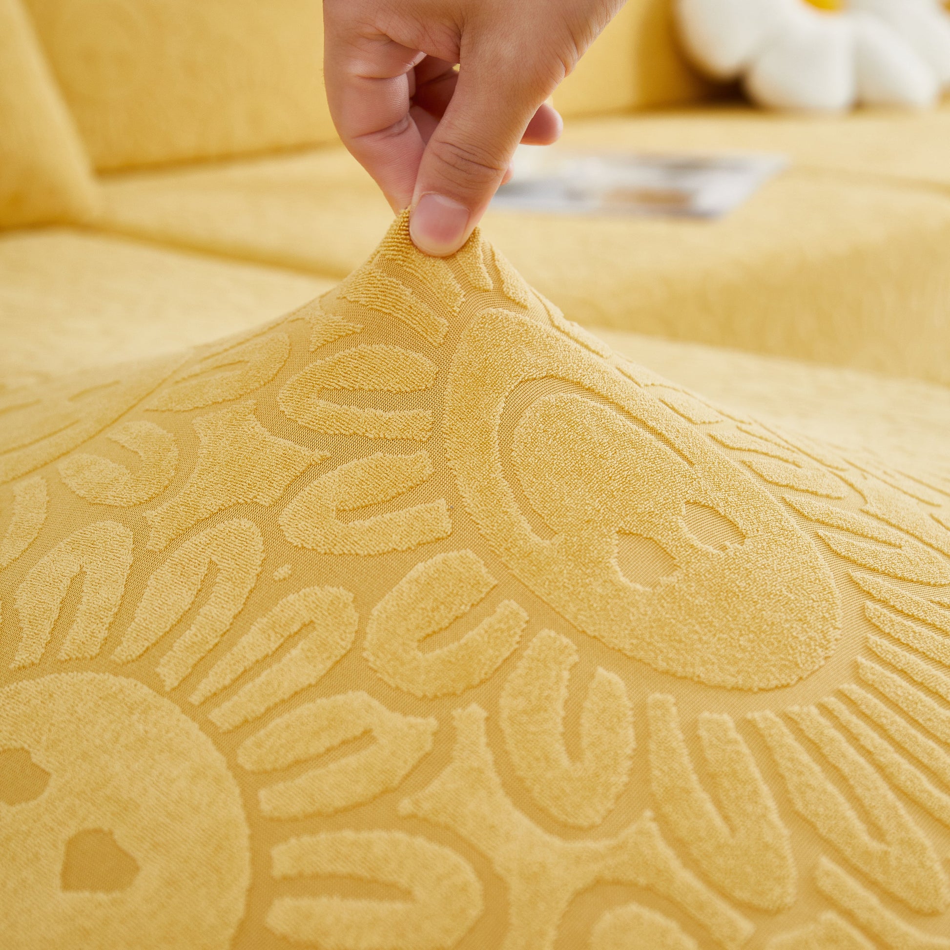 Sofa Seat Cover, Sunflower Patterned Elastic Skirted Couch Cushion Covers, close-up of yellow sunflower design on fabric