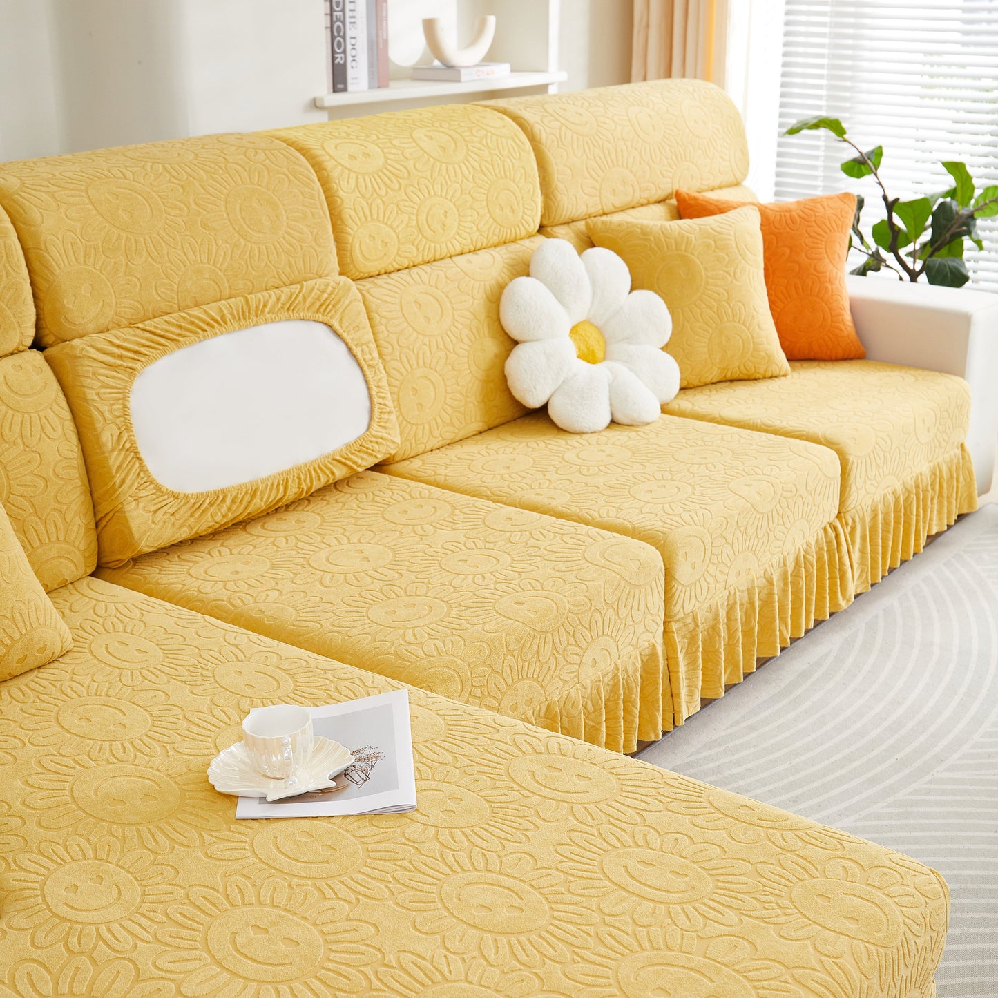 Sofa Seat Cover, Sunflower Patterned Elastic Skirted Couch Cushion Covers for 1/2/3/4-Seater Sofas in stylish living room decor.