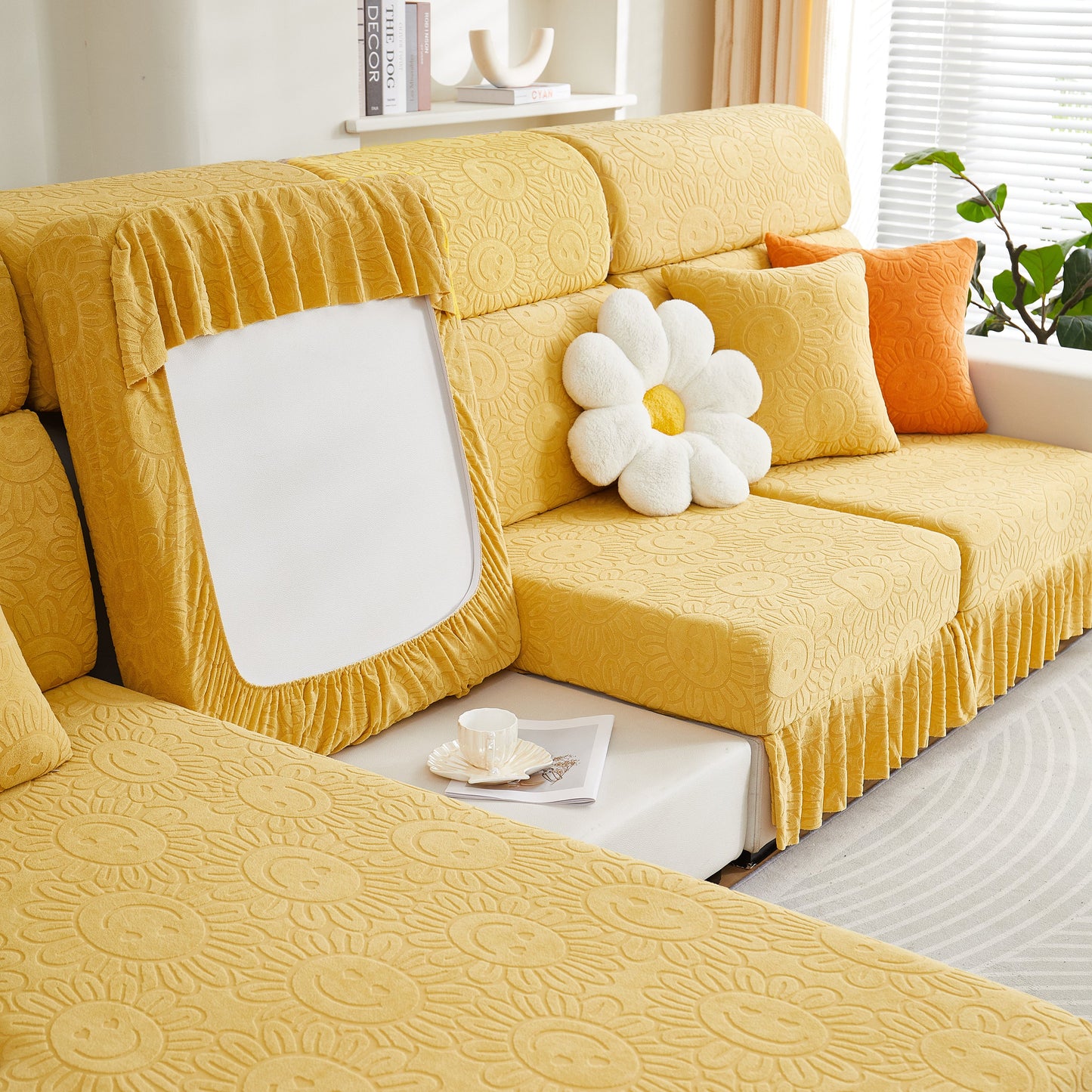 Sofa Seat Cover, Sunflower Patterned Elastic Skirted Couch Cushion Covers for 1/2/3/4-Seater Sofas on yellow sofa.