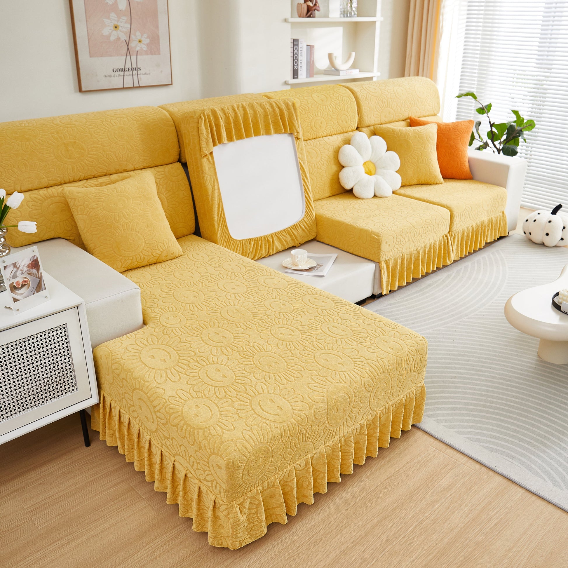 Sofa Seat Cover, Sunflower Patterned Elastic Skirted Couch Cushion Covers for 1/2/3/4-Seater Sofas in a modern living room setting