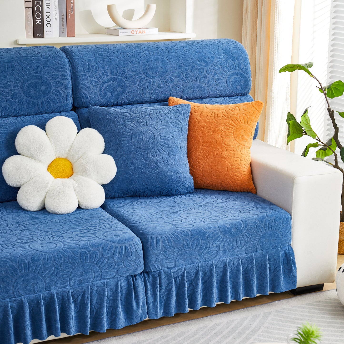 Sofa Seat Cover, Sunflower Patterned Elastic Skirted Couch Cushion Covers on blue sofa with decorative flower pillows.
