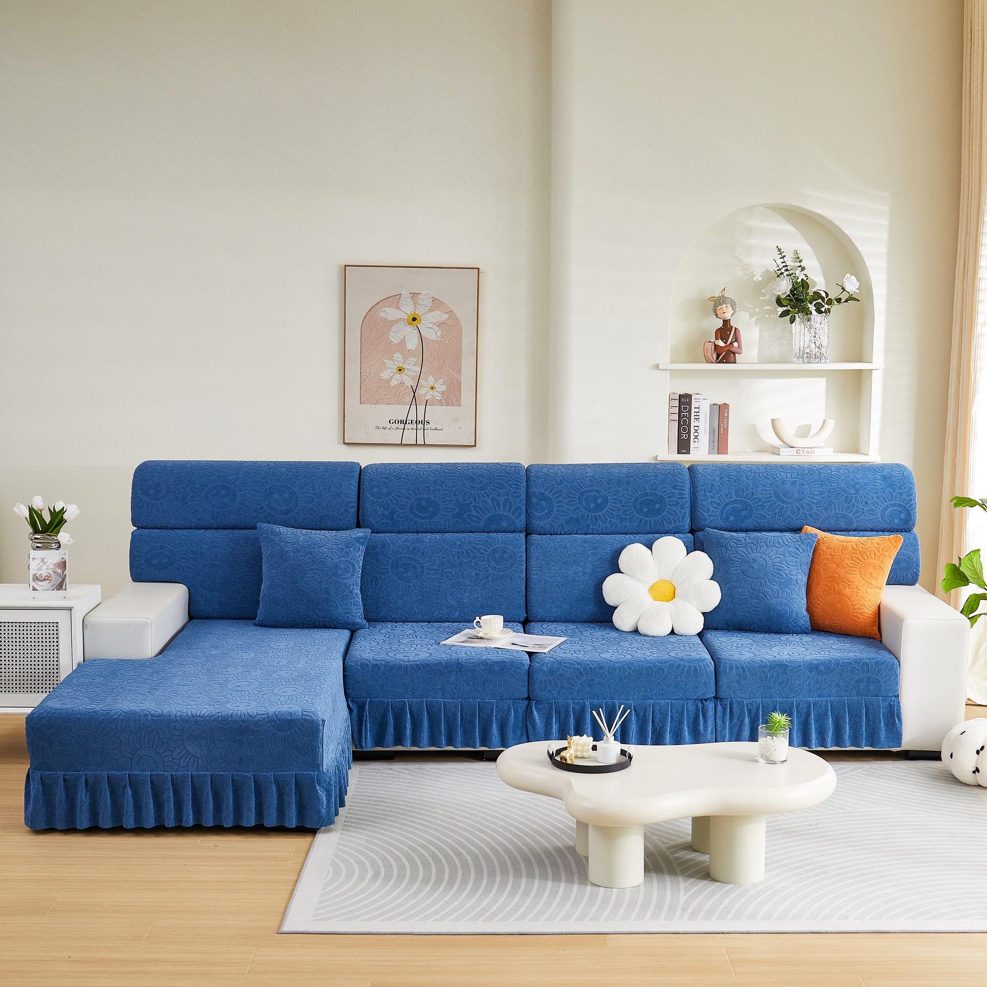 Sofa Seat Cover, Sunflower Patterned Elastic Skirted Couch Cushion Covers for 1/2/3/4-Seater Sofas in a stylish living room