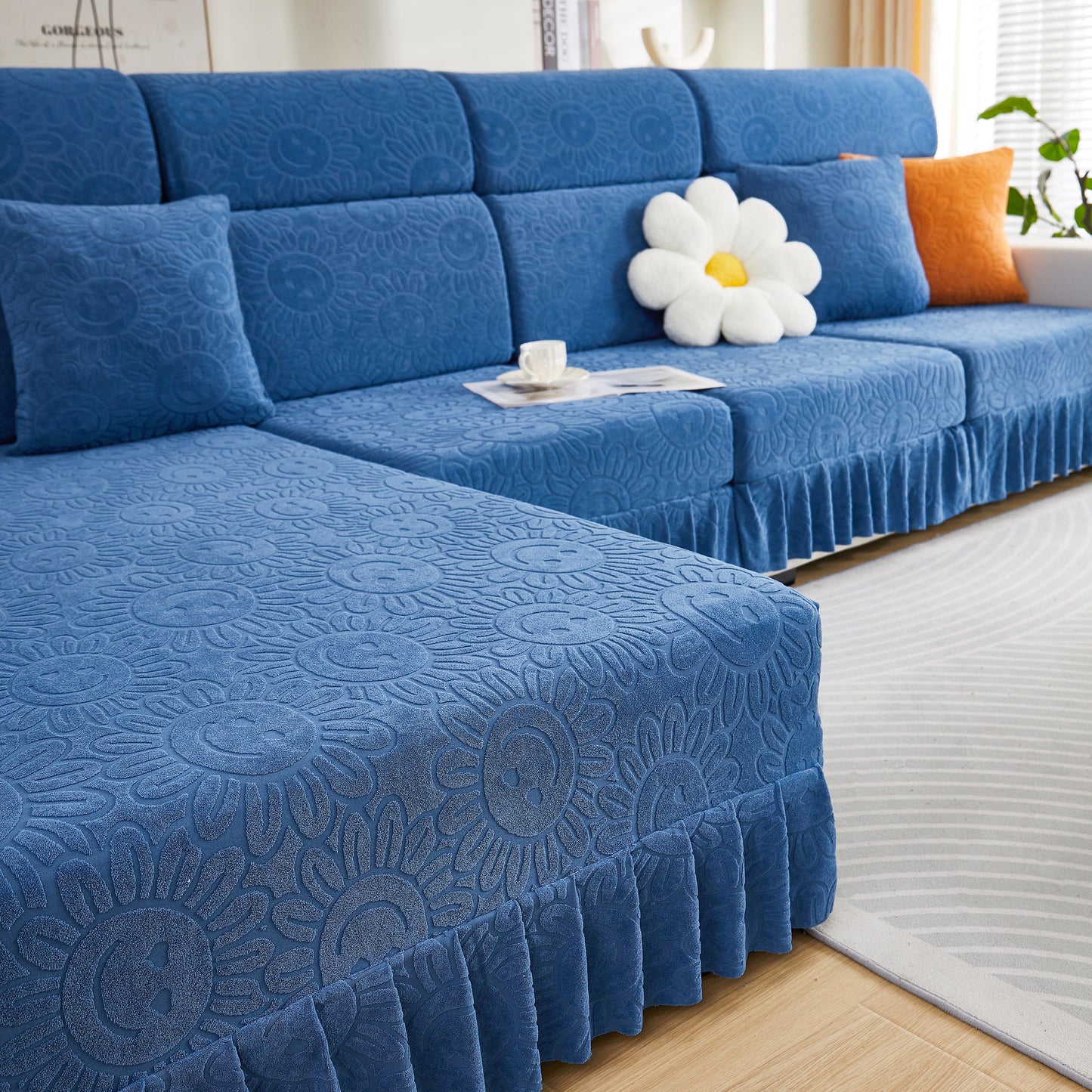 Sofa Seat Cover, Sunflower Patterned Elastic Skirted Couch Cushion Covers for 1/2/3/4-Seater Sofas displayed on a blue couch.