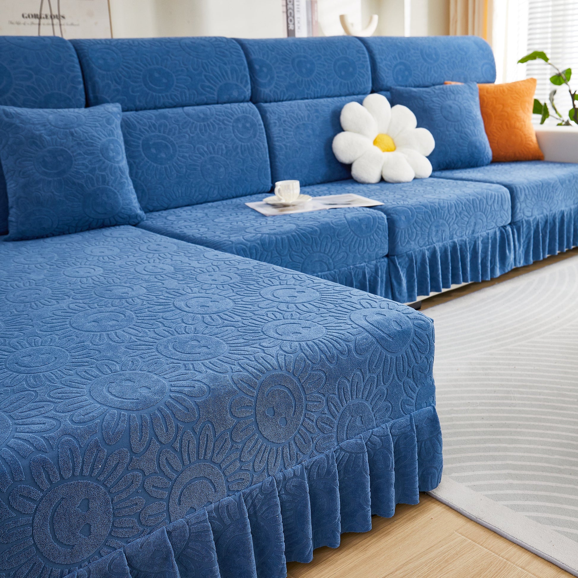 Sofa Seat Cover, Sunflower Patterned Elastic Skirted Couch Cushion Covers for 1/2/3/4-Seater Sofas displayed on a blue couch.