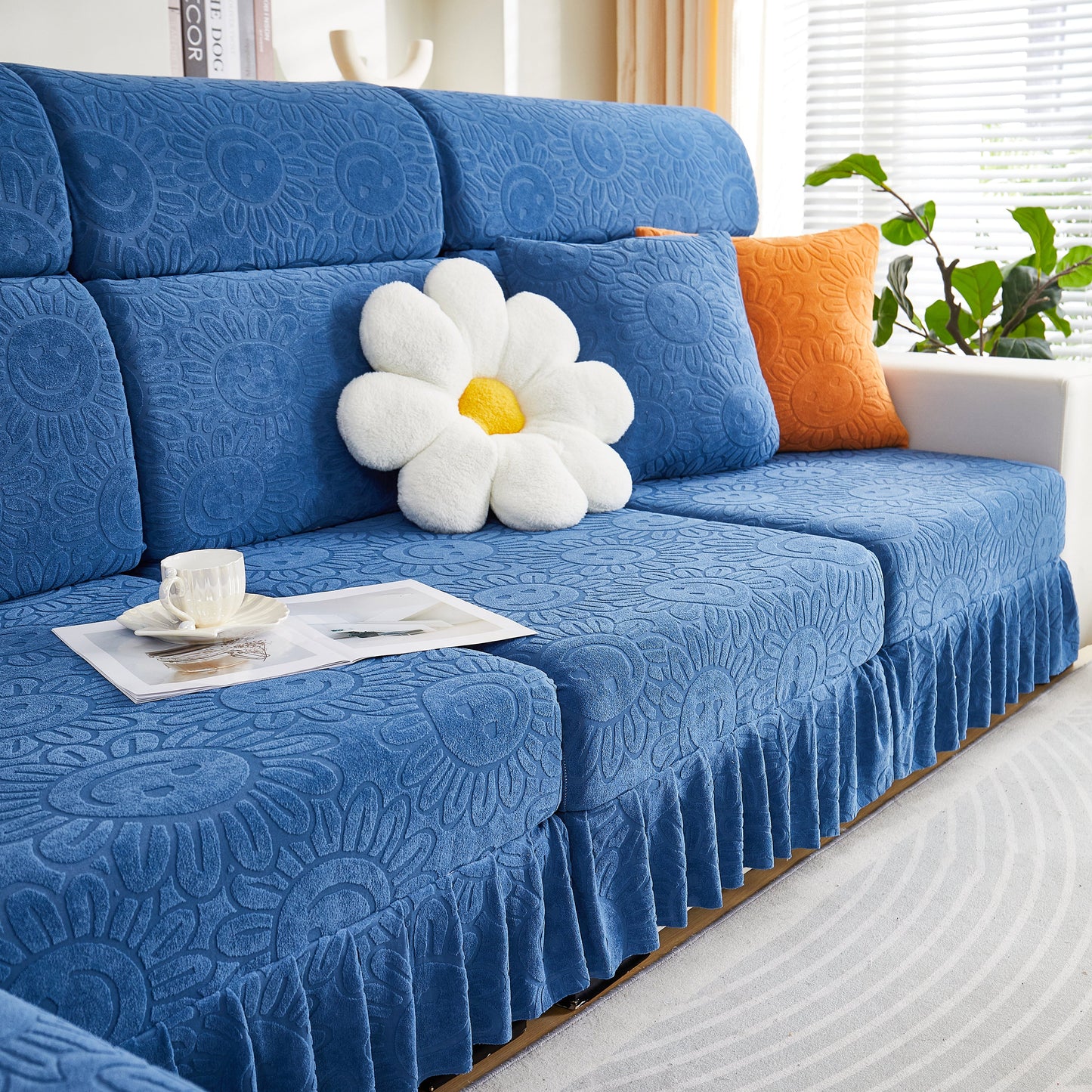 Sofa Seat Cover, Sunflower Patterned Elastic Skirted Couch Cushion Covers for 1/2/3/4-Seater Sofas in a living room setting.