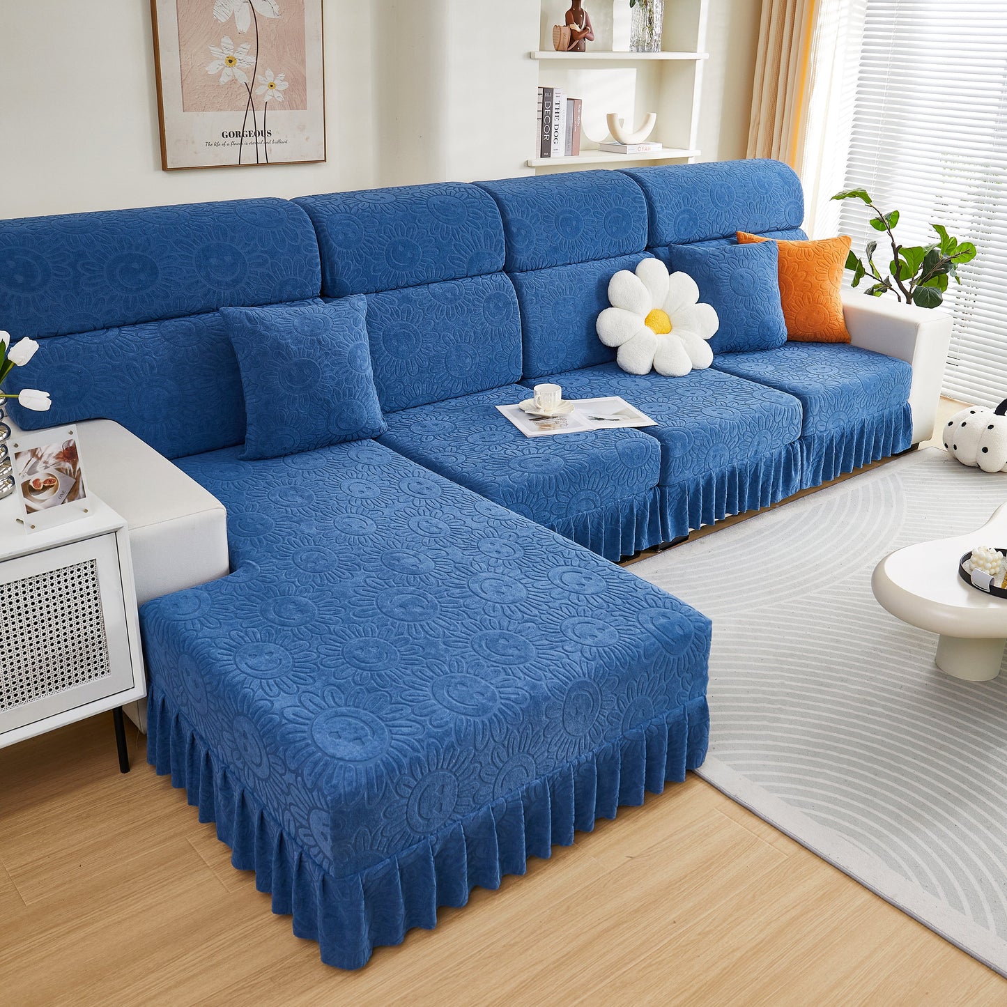Sofa Seat Cover, Sunflower Patterned Elastic Skirted Couch Cushion Covers for 1/2/3/4-Seater Sofas in a living room setting