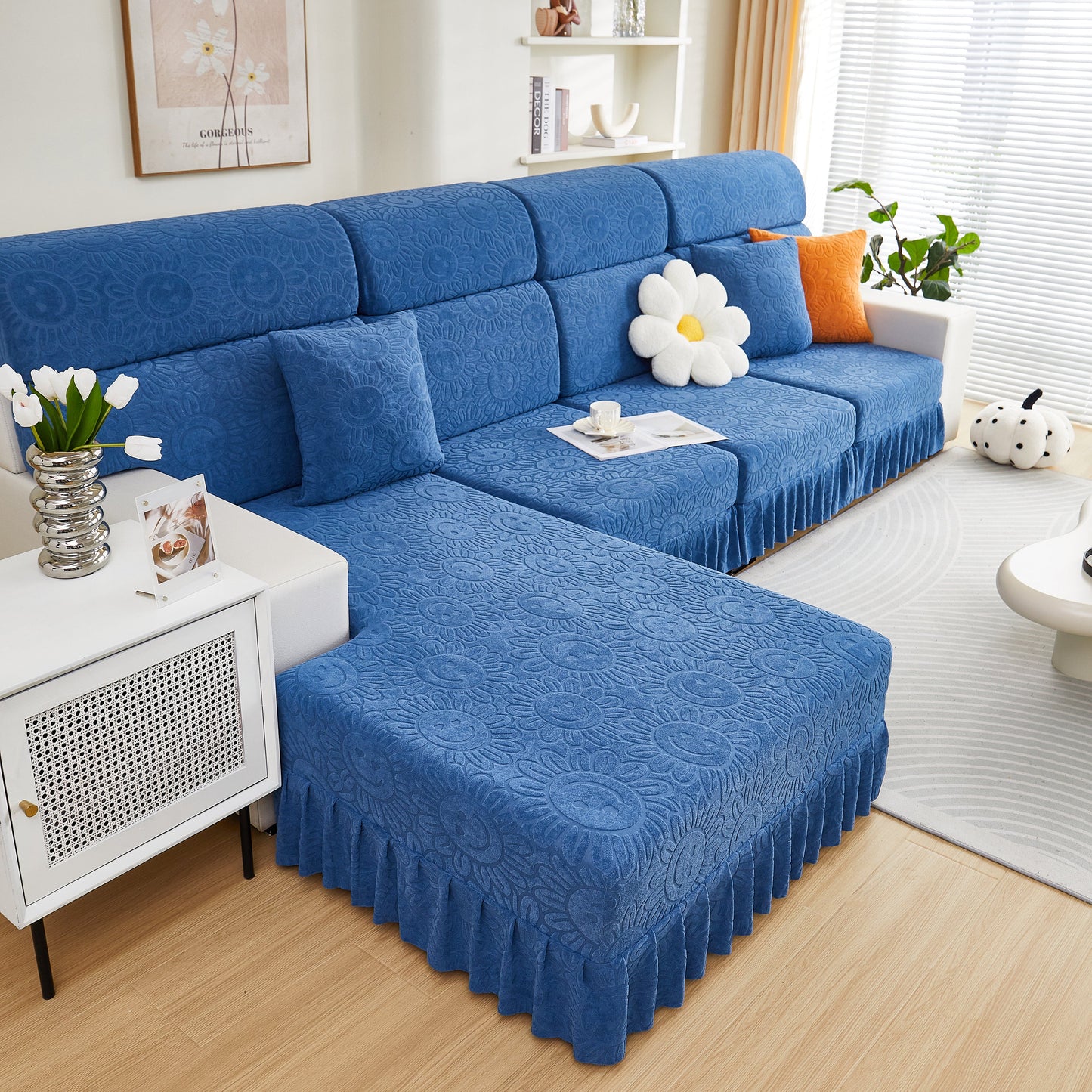 Sofa Seat Cover, Sunflower Patterned Elastic Skirted Couch Cushion Covers for 1/2/3/4-Seater Sofas in stylish living room setting