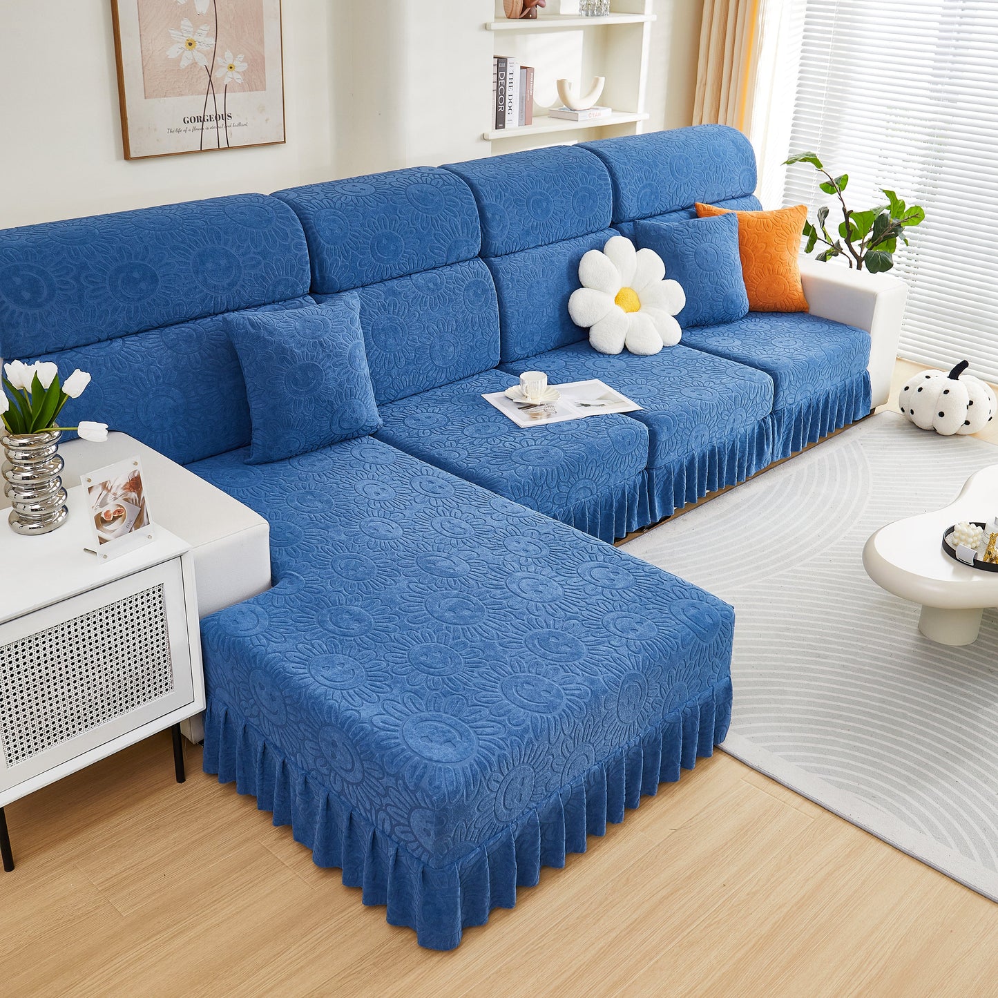 Sofa Seat Cover, Sunflower Patterned Elastic Skirted Couch Cushion Covers for 1/2/3/4-Seater Sofas in a stylish living room