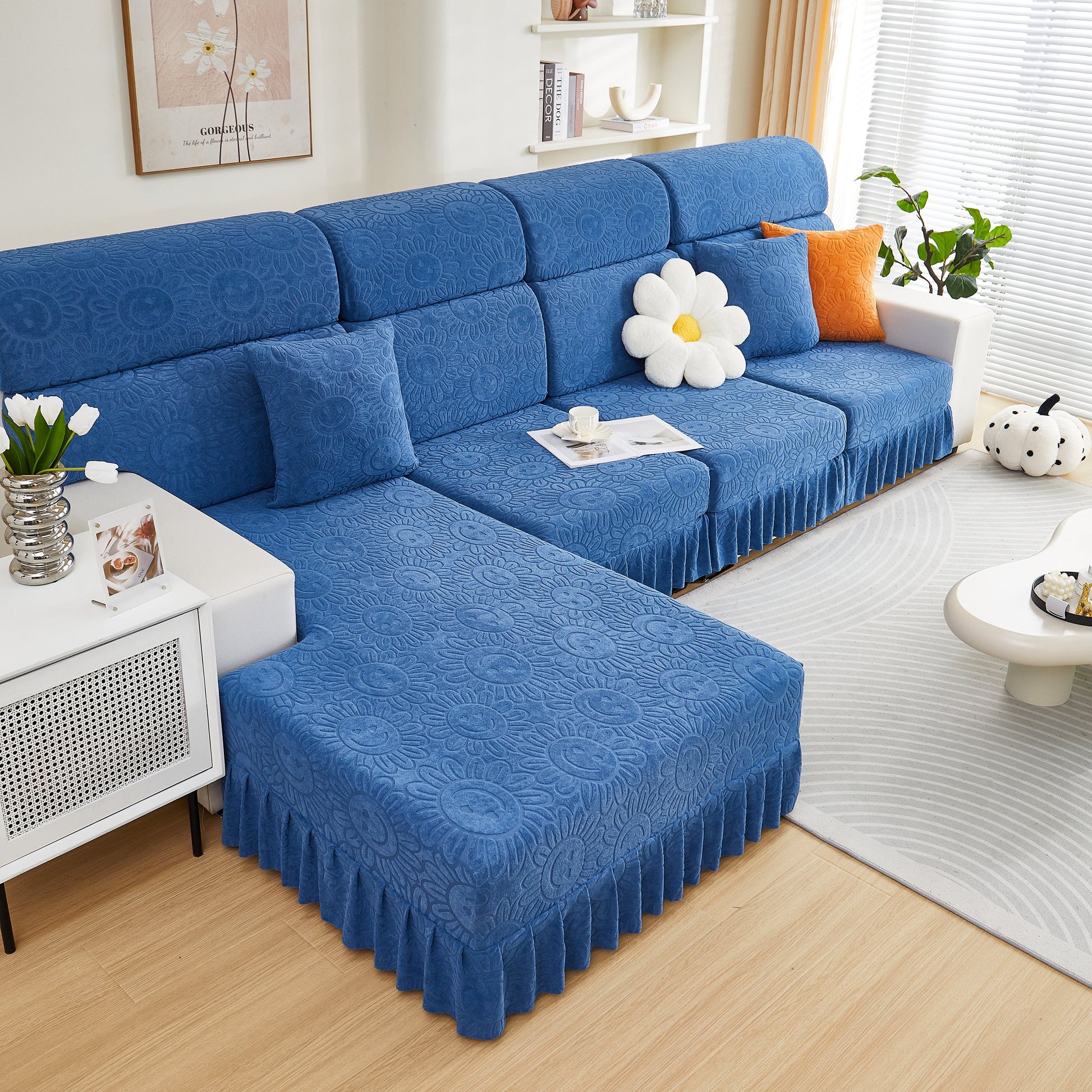 Sofa Seat Cover, Sunflower Patterned Elastic Skirted Couch Cushion Covers for 1/2/3/4-Seater Sofas in a stylish living room