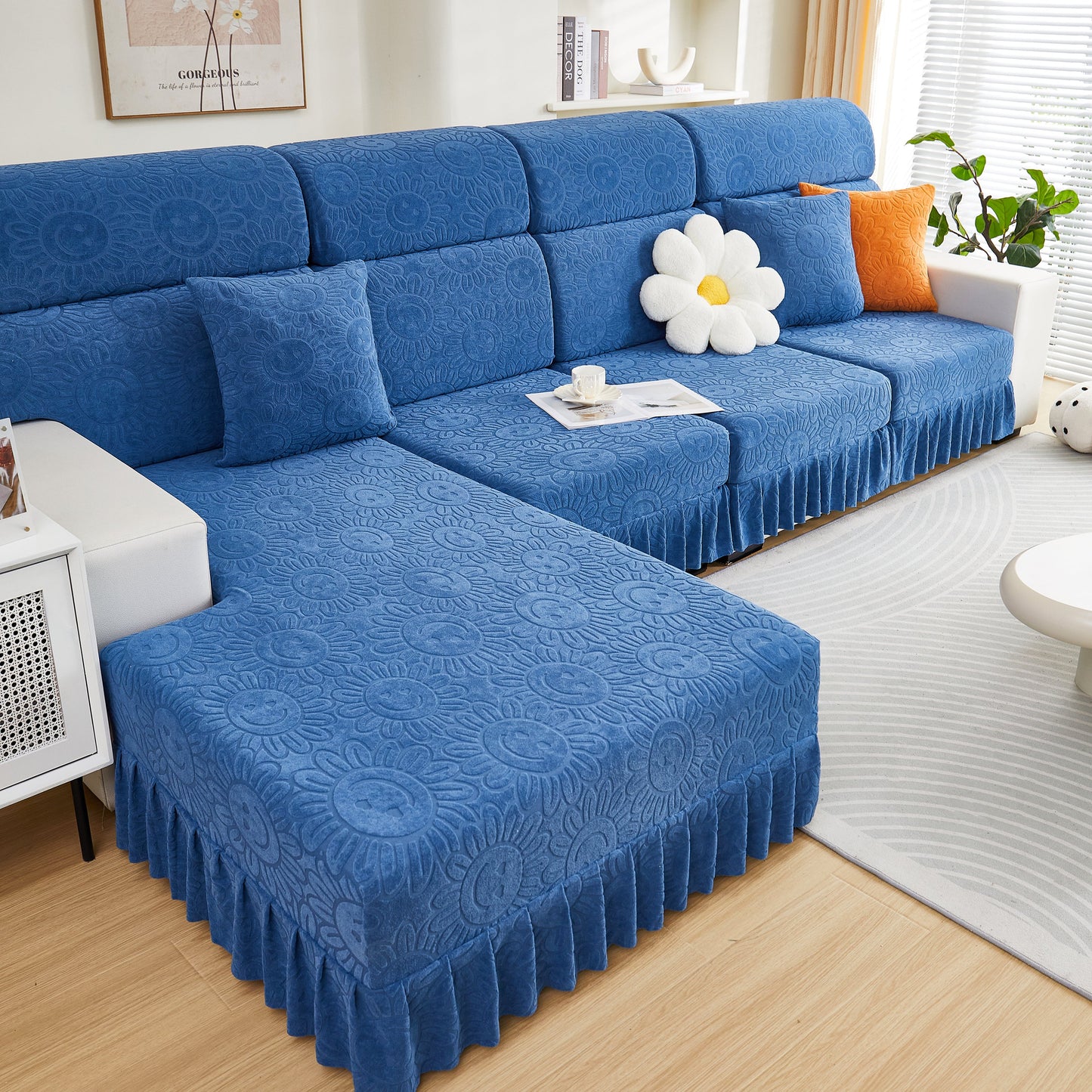 Sofa Seat Cover, Sunflower Patterned Elastic Skirted Couch Cushion Covers for 1/2/3/4-Seater Sofas in living room setting