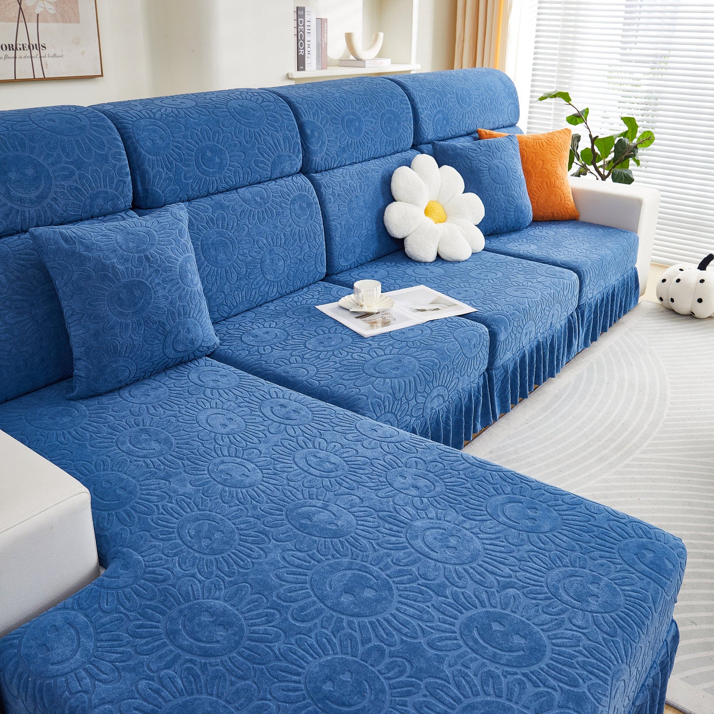 Sofa Seat Cover, Sunflower Patterned Elastic Skirted Couch Cushion Covers for 1/2/3/4-Seater Sofas on blue sectional sofa