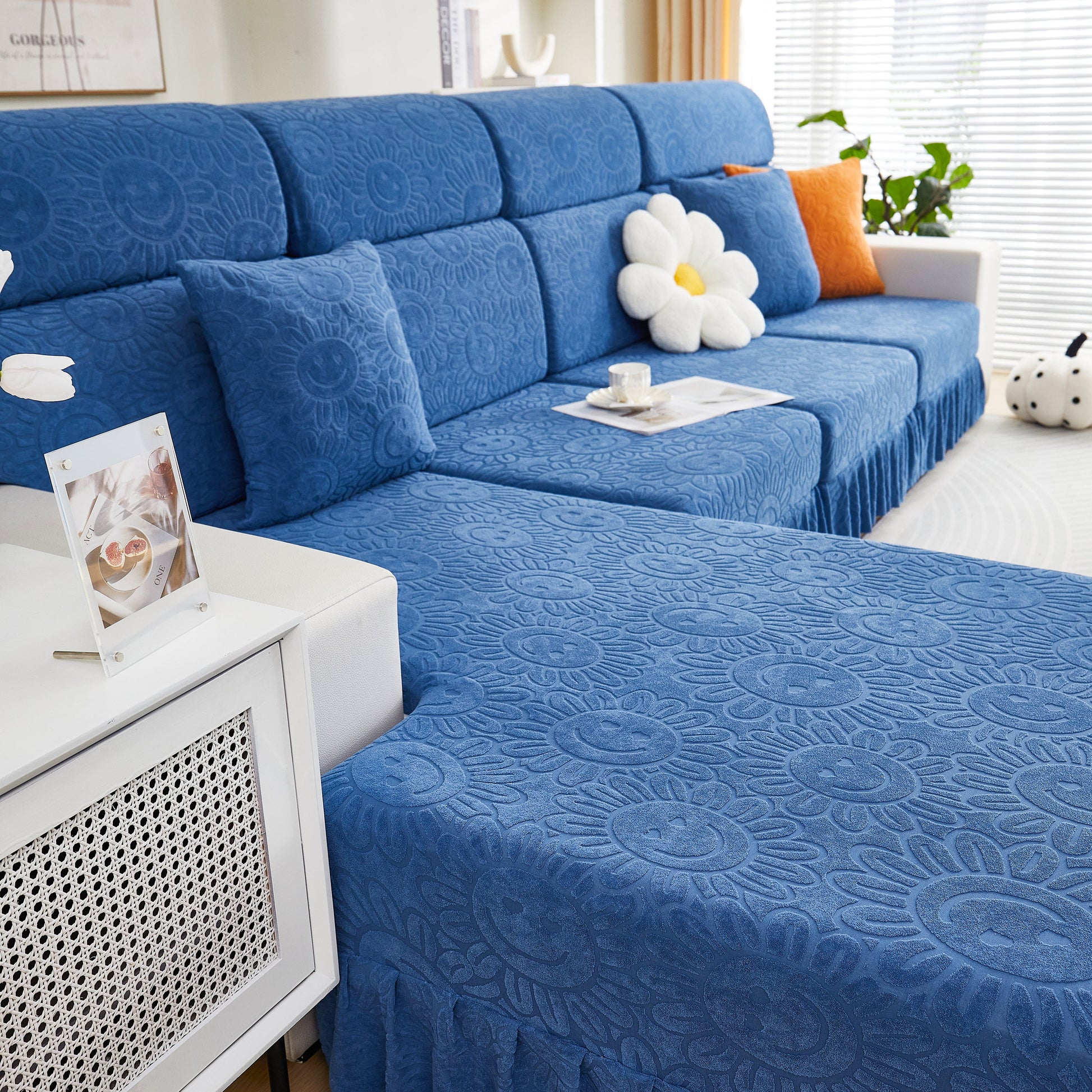 Sofa Seat Cover, Sunflower Patterned Elastic Skirted Couch Cushion Covers for 1/2/3/4-Seater Sofas on blue sofa.