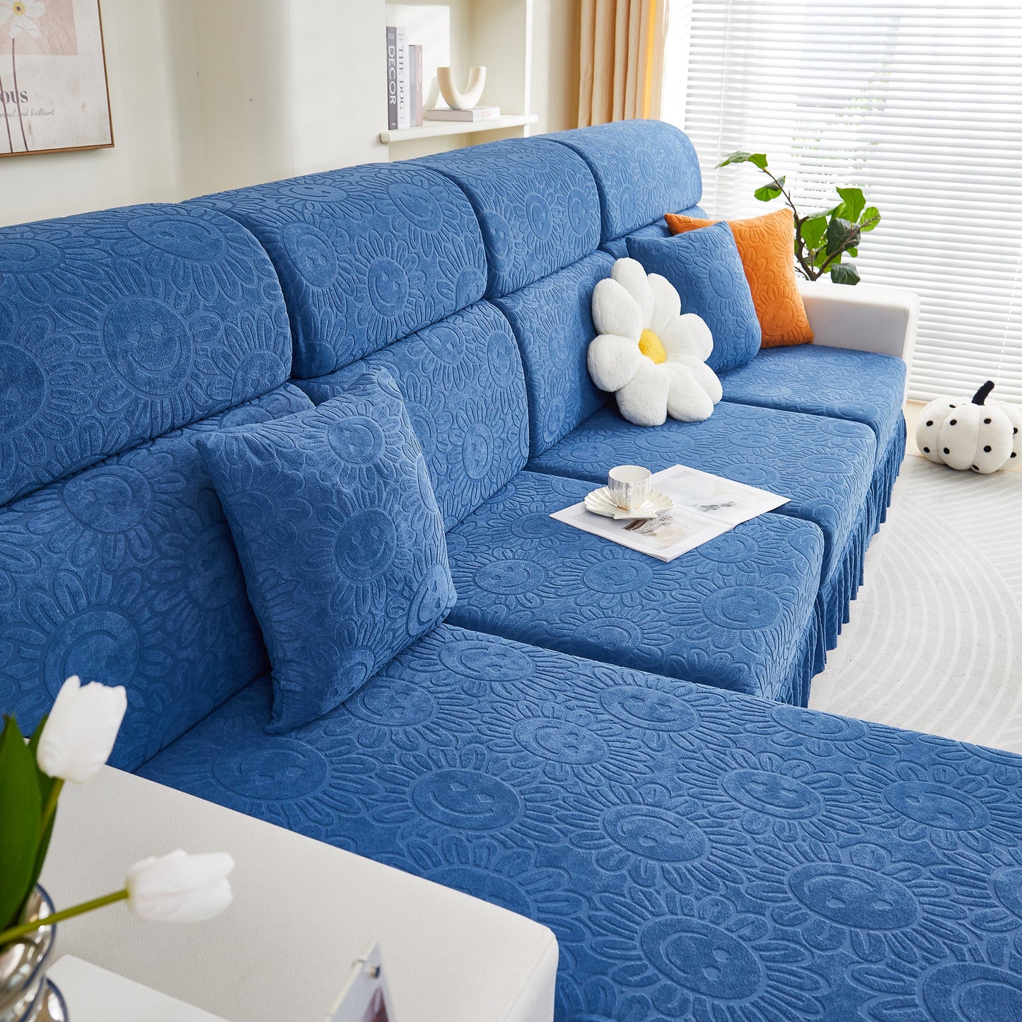 Sofa Seat Cover, Sunflower Patterned Elastic Skirted Couch Cushion Covers for 1/2/3/4-Seater Sofas in vibrant living room setting