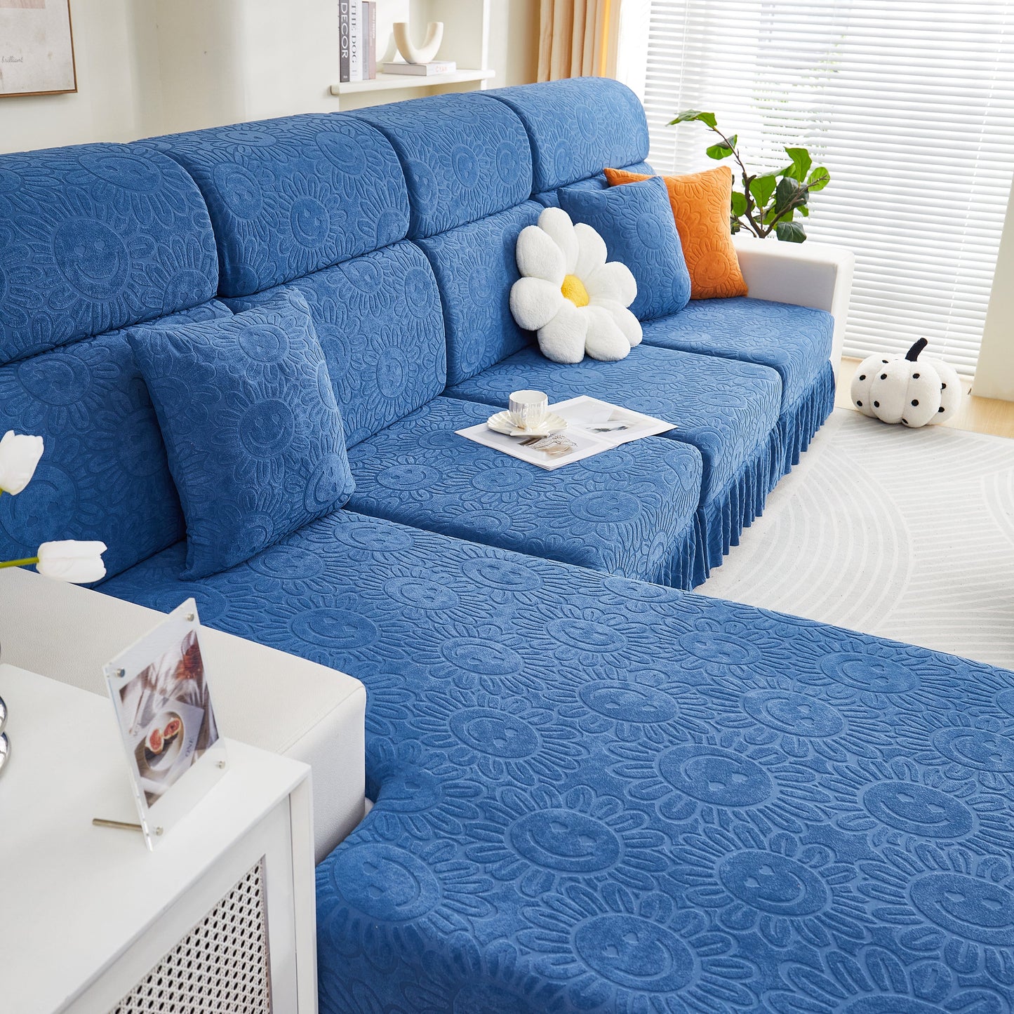Blue Sofa Seat Cover, Sunflower Patterned Elastic Skirted Couch Cushion Covers for 1/2/3/4-Seater Sofas in a cozy living room.