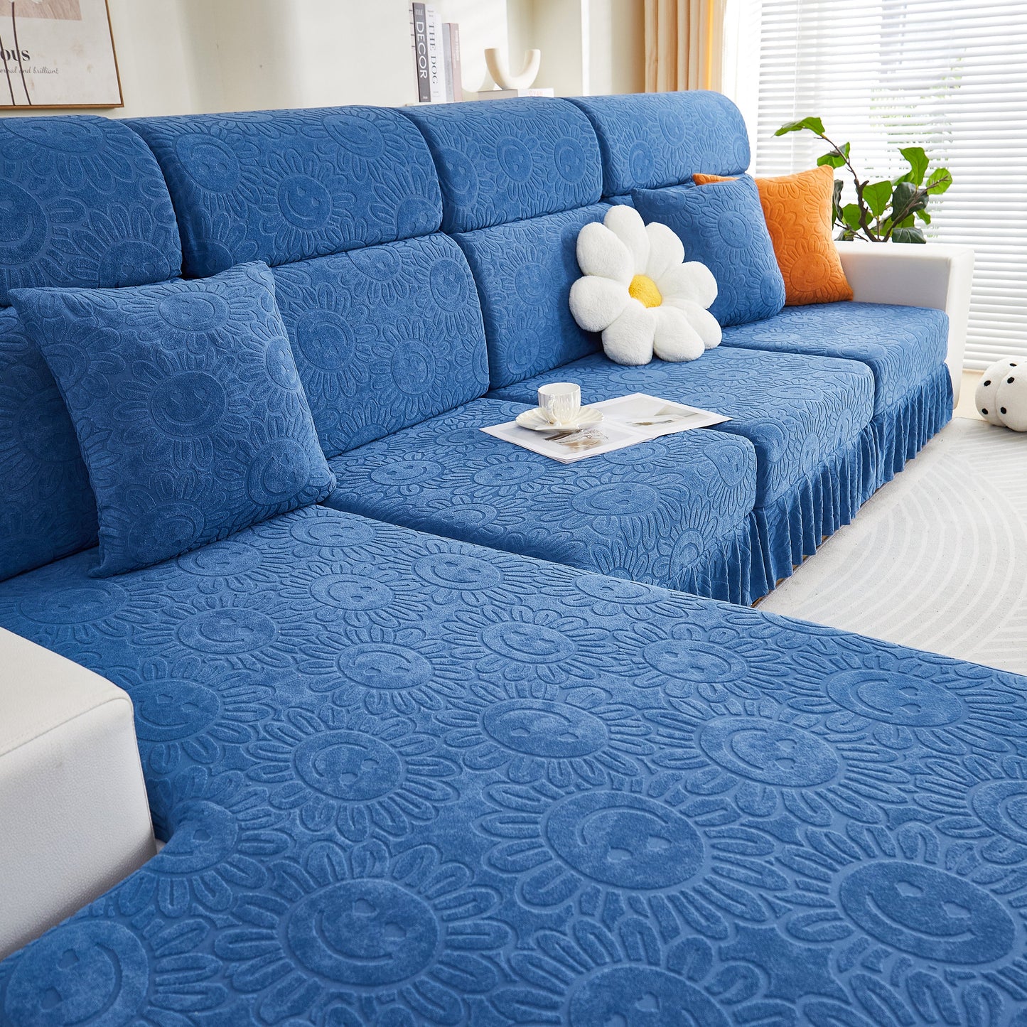 Sofa Seat Cover, Sunflower Patterned Elastic Skirted Couch Cushion Covers for 1/2/3/4-Seater Sofas in a stylish living room setting