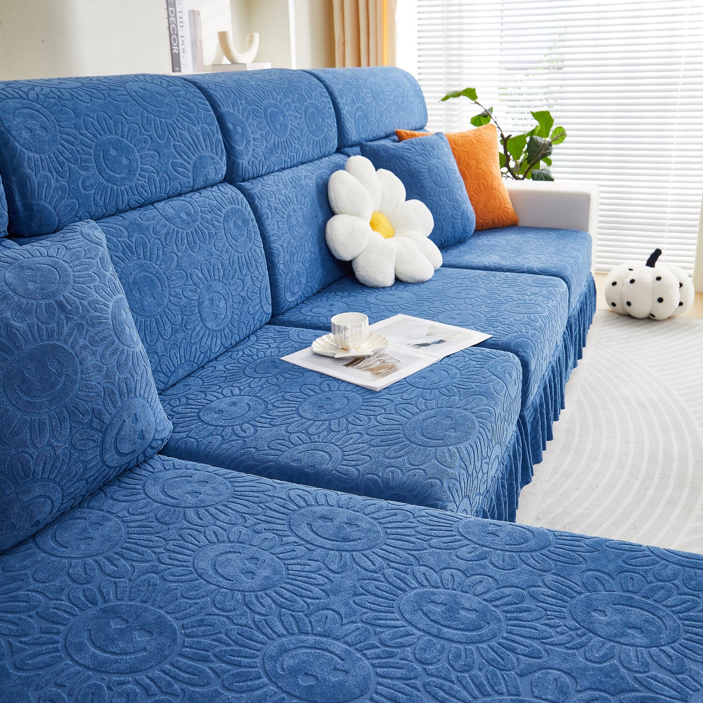 Sofa Seat Cover, Sunflower Patterned Elastic Skirted Couch Cushion Covers for 1/2/3/4-Seater Sofas in blue on a sofa