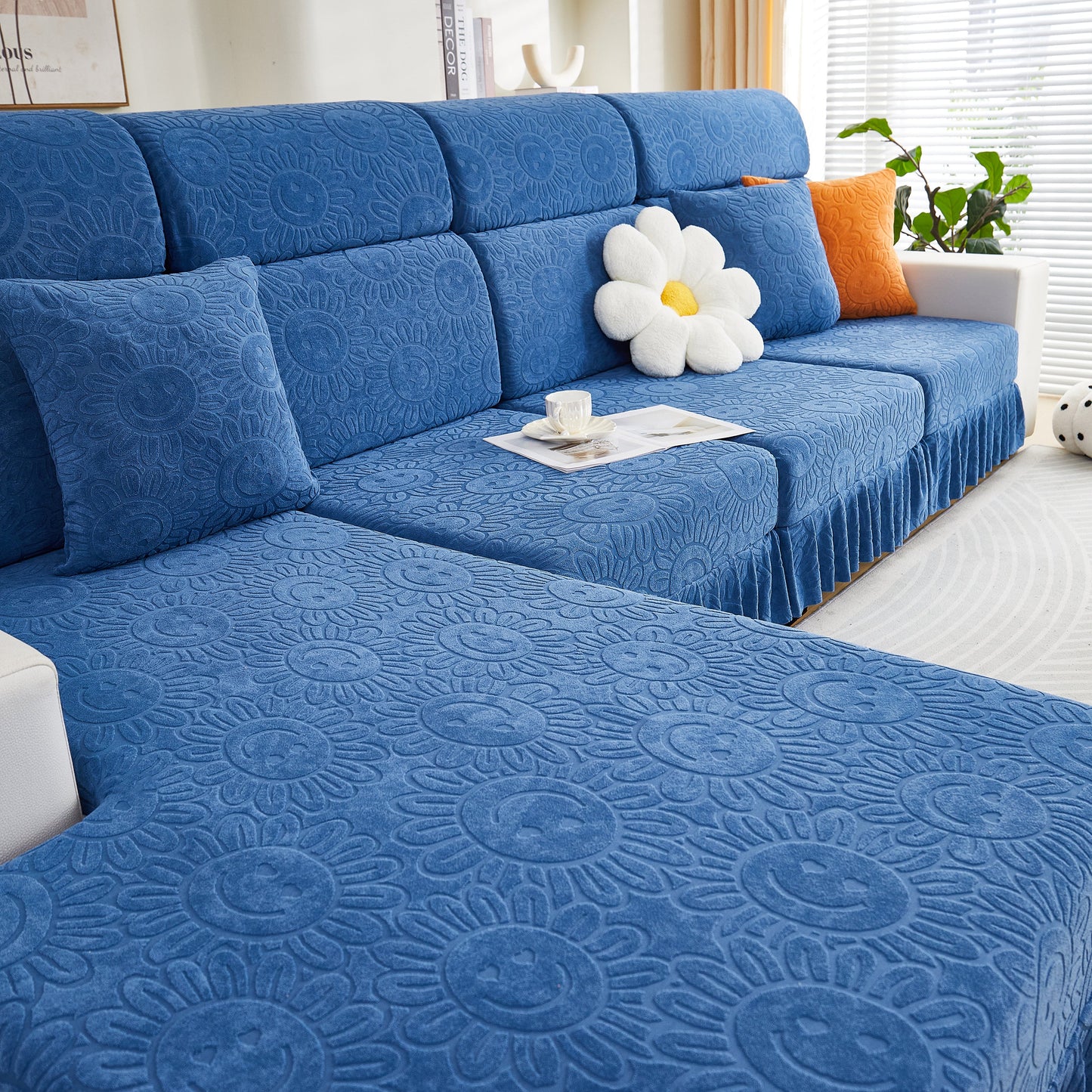 Sofa Seat Cover, Sunflower Patterned Elastic Skirted Couch Cushion Covers for 1/2/3/4-Seater Sofas in stylish living space.