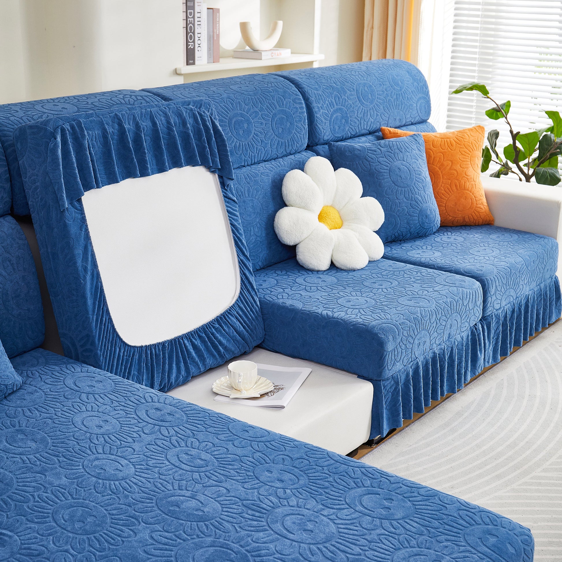 Sofa Seat Cover, Sunflower Patterned Elastic Skirted Couch Cushion Covers for 1/2/3/4-Seater Sofas displayed on a blue couch