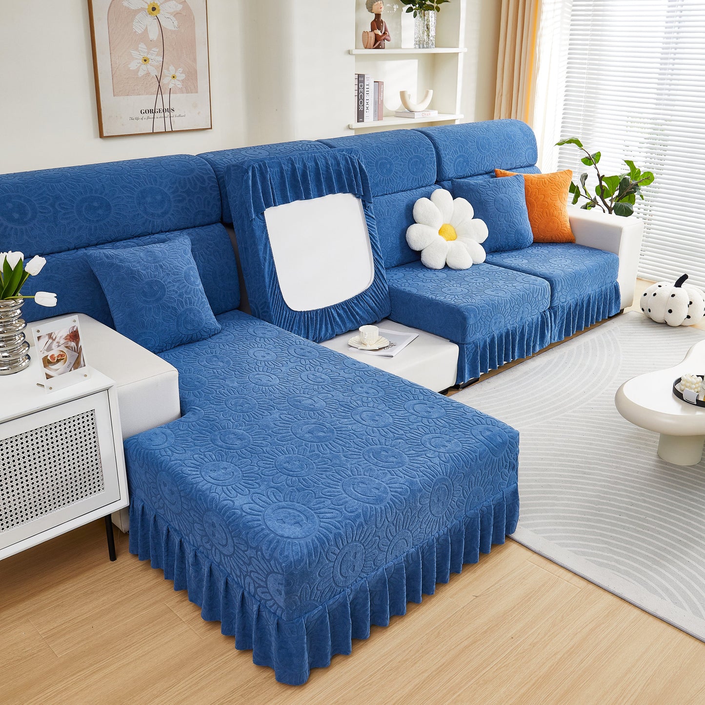 Sofa Seat Cover, Sunflower Patterned Elastic Skirted Couch Cushion Covers for 1/2/3/4-Seater Sofas on blue sofa in stylish room