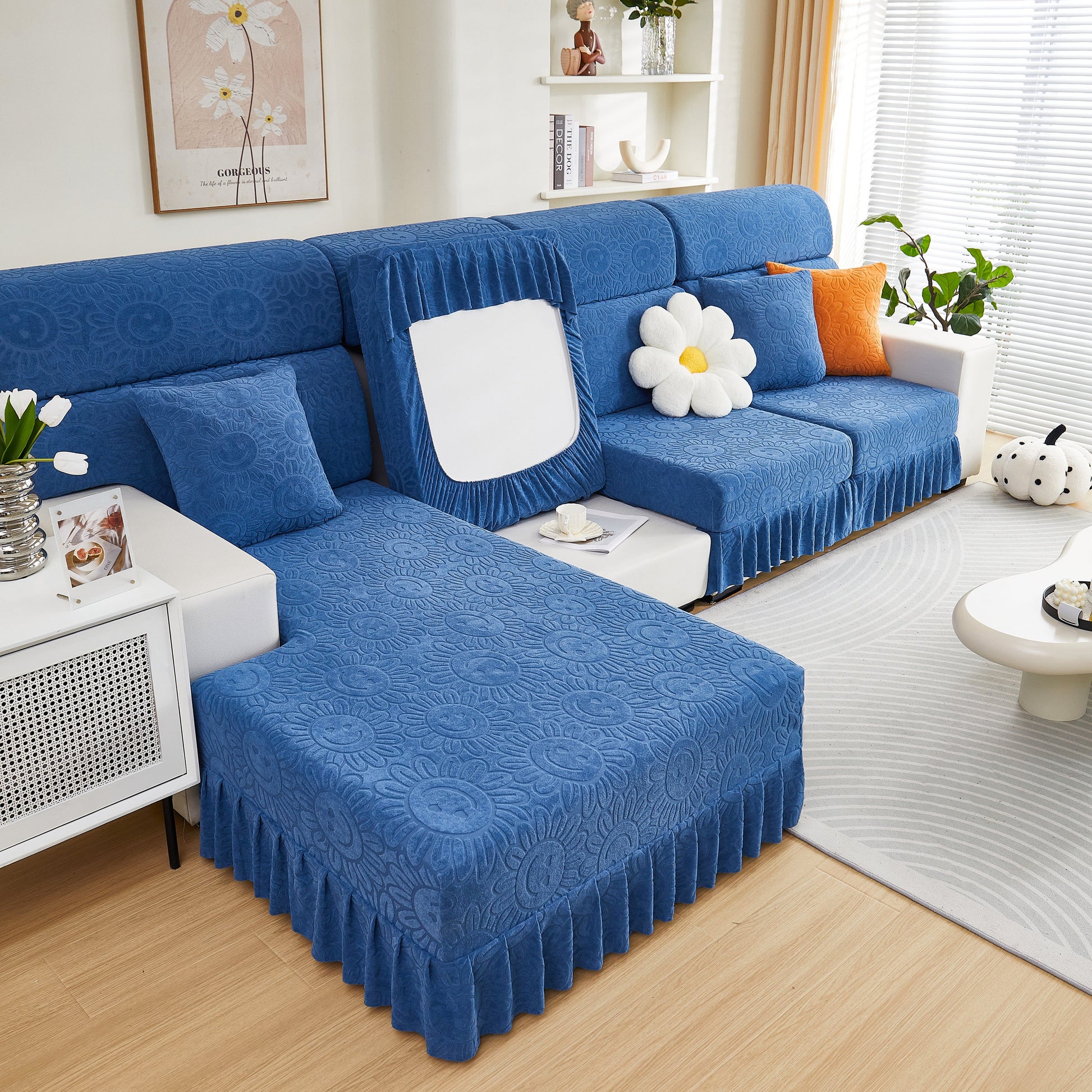 Sofa Seat Cover, Sunflower Patterned Elastic Skirted Couch Cushion Covers for 1/2/3/4-Seater Sofas on blue sofa in stylish room