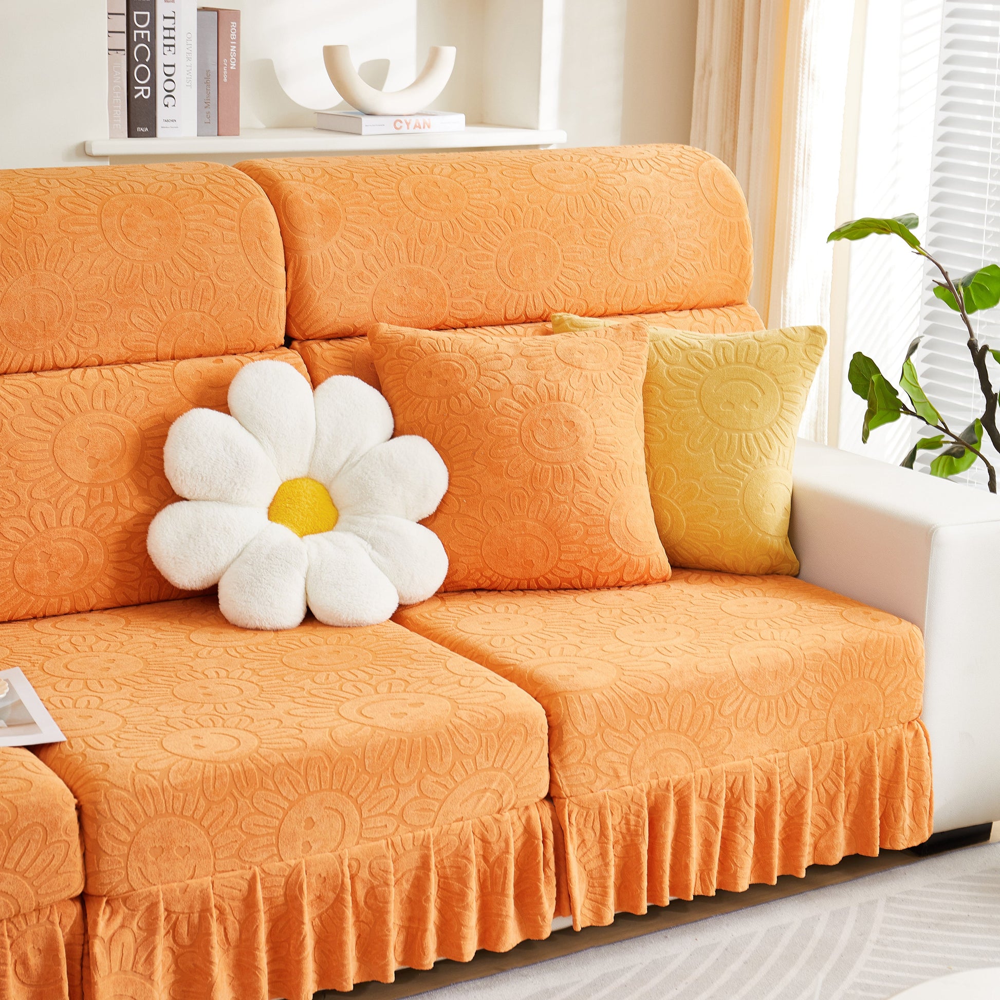 Sofa Seat Cover, Sunflower Patterned Elastic Skirted Couch Cushion Covers for 1/2/3/4-Seater Sofas in a bright living room setting
