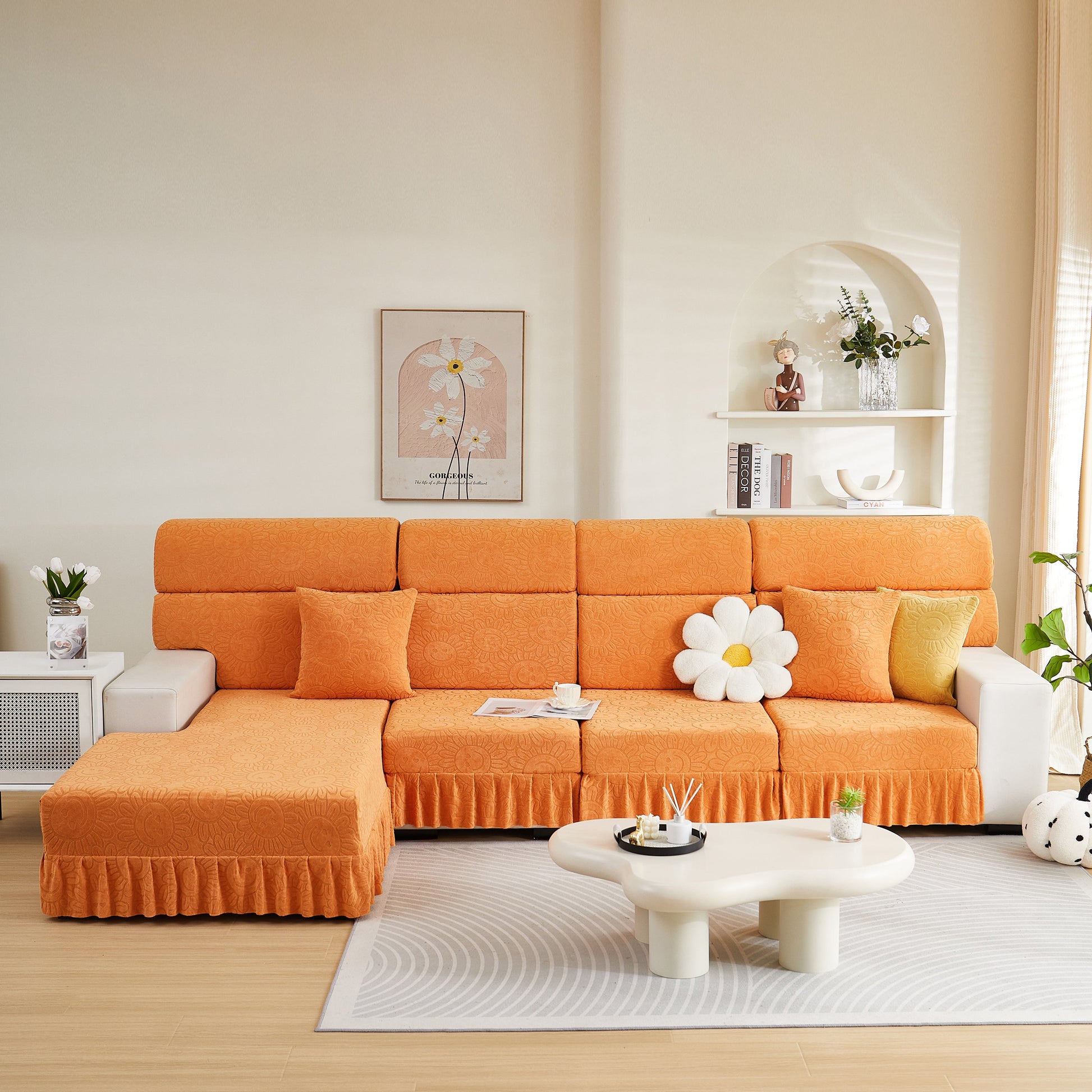 Sofa Seat Cover, Sunflower Patterned Elastic Skirted Couch Cushion Covers for 1/2/3/4-Seater Sofas on orange sectional sofa