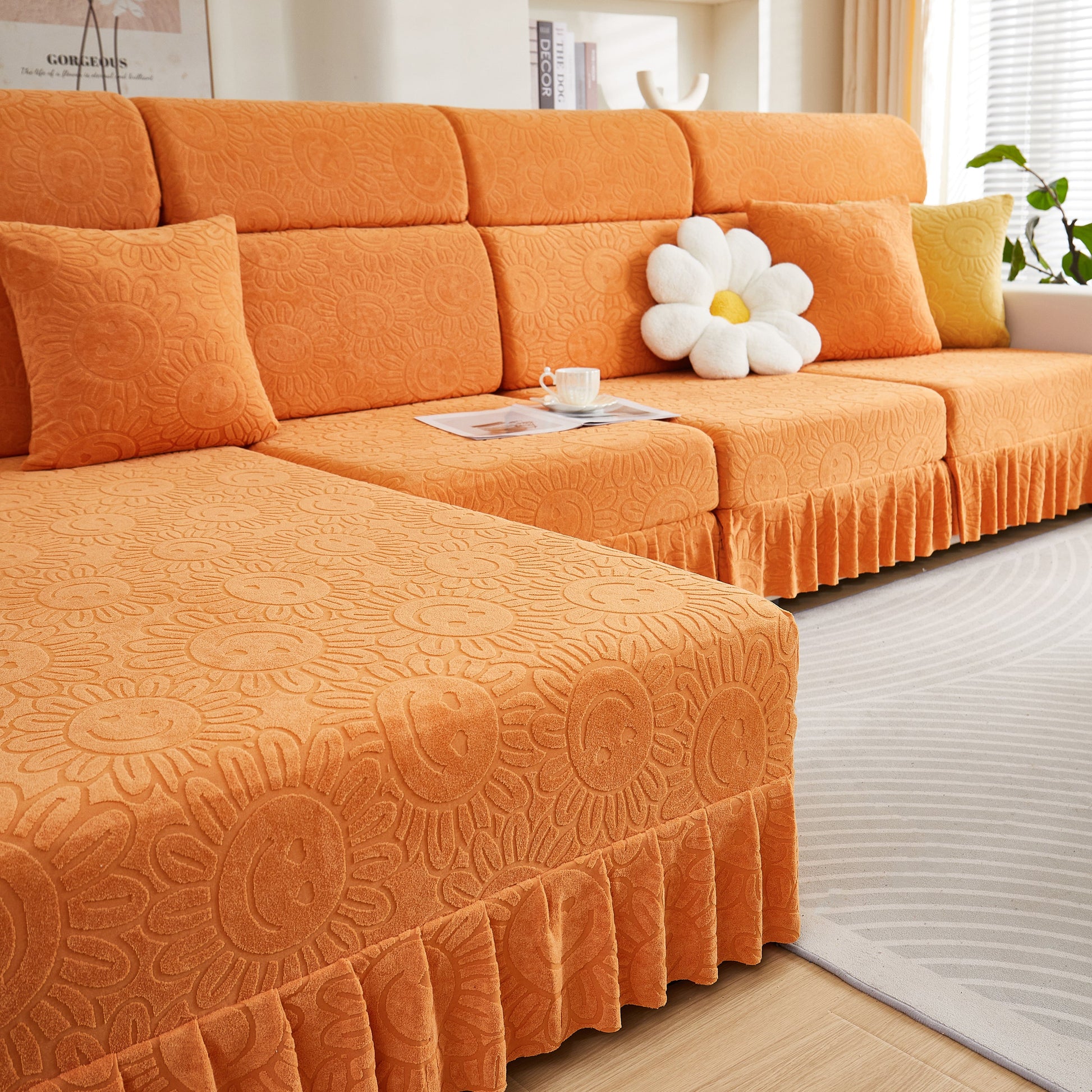 Sofa Seat Cover, Sunflower Patterned Elastic Skirted Couch Cushion Covers for 1/2/3/4-Seater Sofas in living room setting