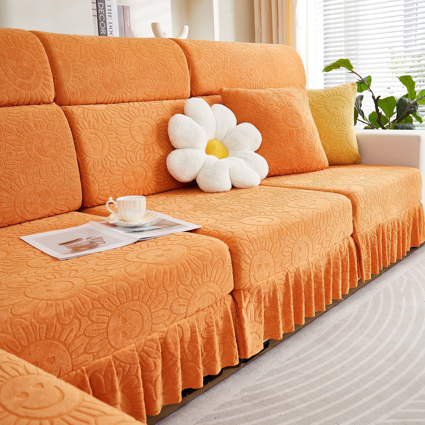 Sunflower Patterned Elastic Skirted Couch Cushion Covers on 3-Seater Sofa