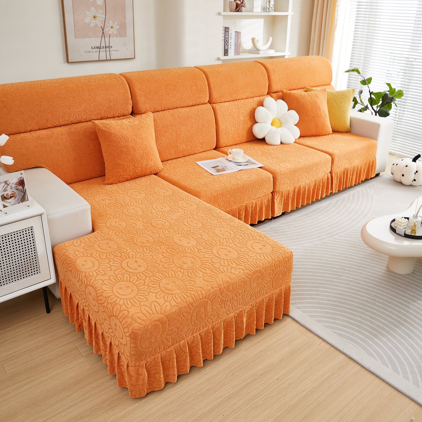 Sofa Seat Cover, Sunflower Patterned Elastic Skirted Couch Cushion Covers for 1/2/3/4-Seater Sofas in a stylish living room.