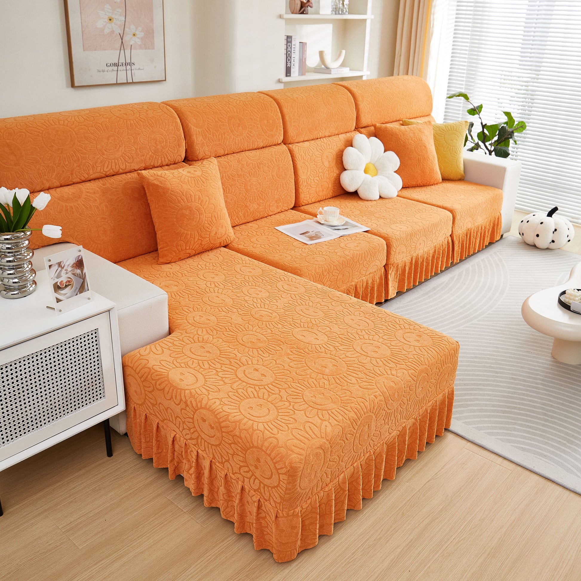Sofa Seat Cover, Sunflower Patterned Elastic Skirted Couch Cushion Covers for 1/2/3/4-Seater Sofas in orange living room setting.