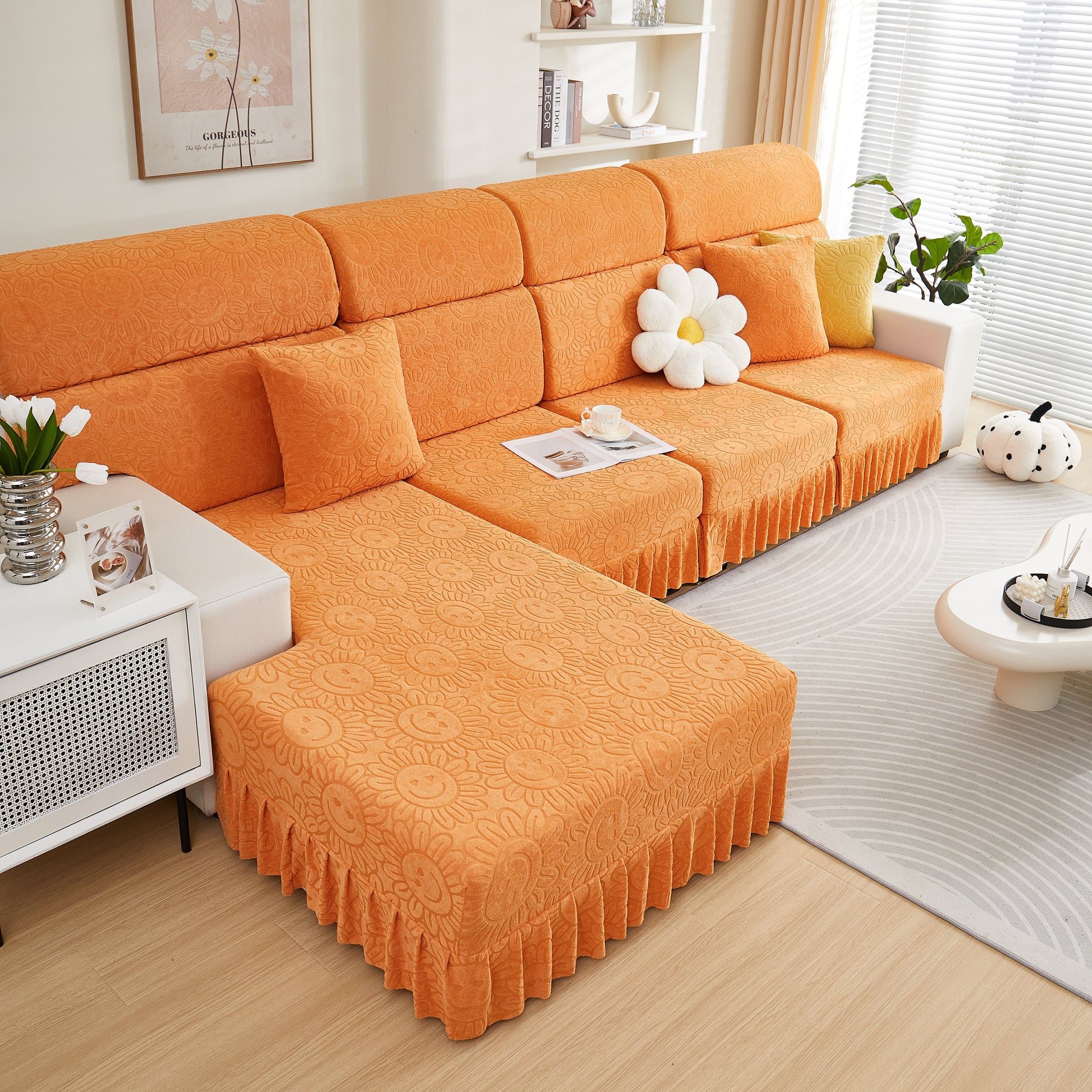 Sofa Seat Cover, Sunflower Patterned Elastic Skirted Couch Cushion Covers for 1/2/3/4-Seater Sofas displayed in a living room.