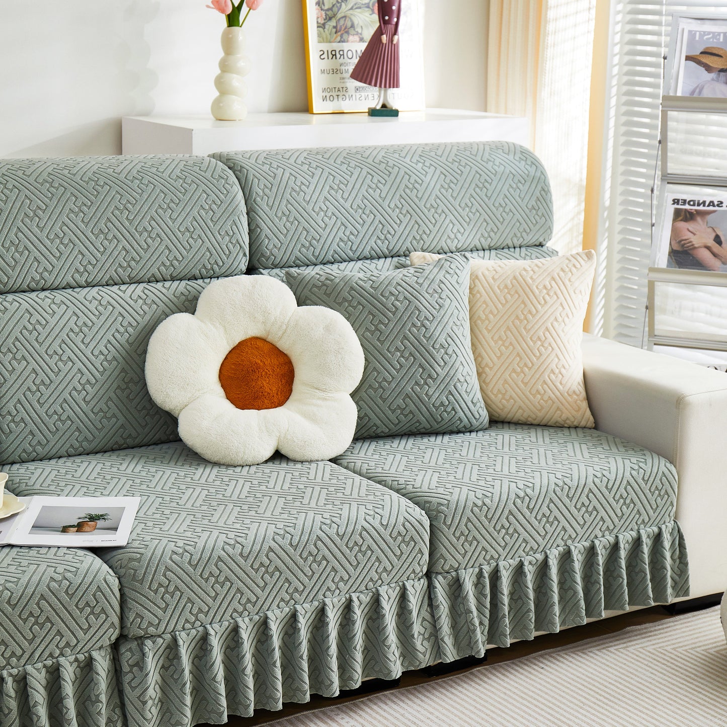 Stretch Sofa Covers with Skirt for Couch Seat and Cushion, Chaise, Sectional, 1/2/3/4 Seater Sofas displayed in a living room.