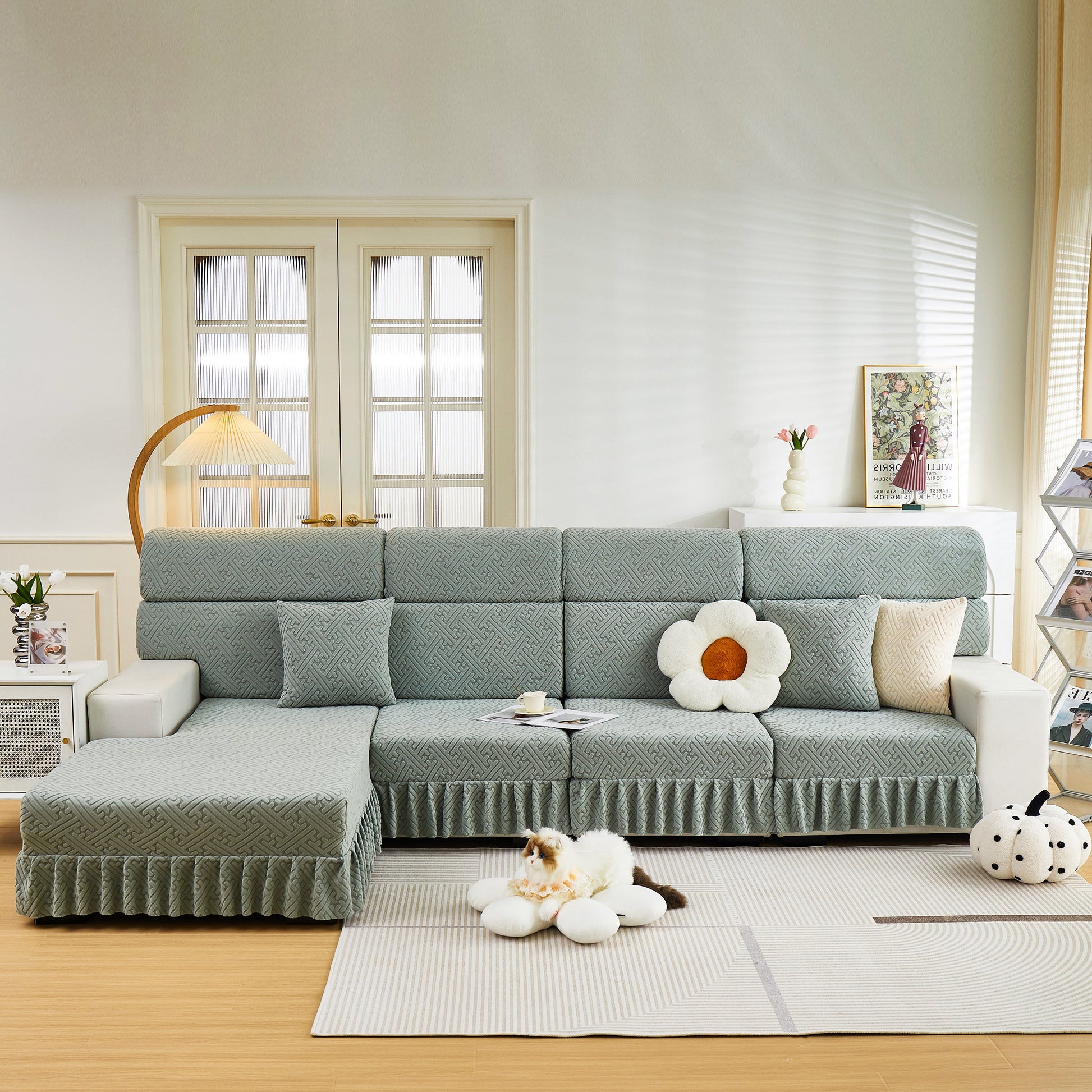 Stretch Sofa Covers with Skirt for Couch Seat and Cushion, Chaise, Sectional, 1/2/3/4 Seater Sofas in living room setting
