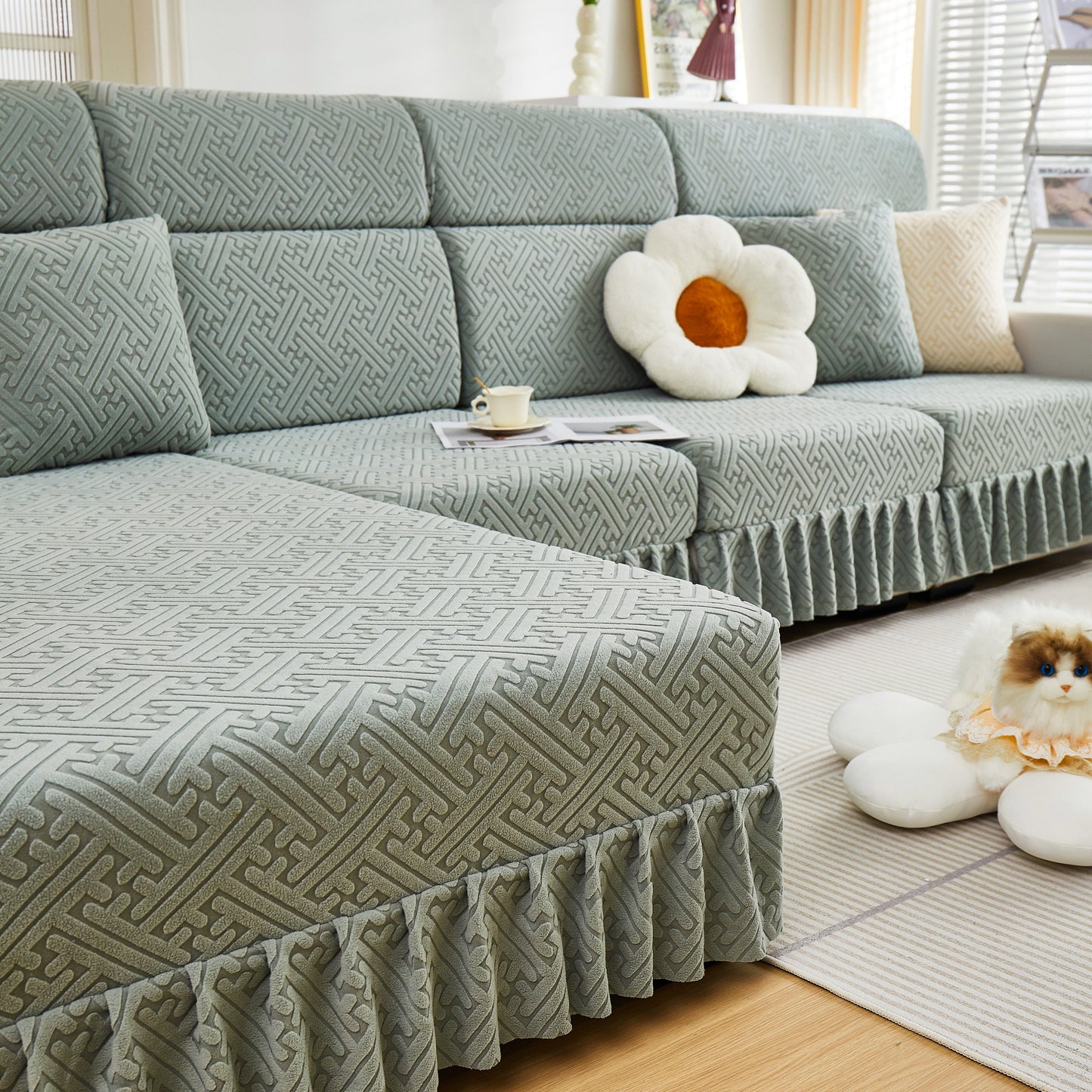 Stretch Sofa Covers with Skirt for Couch Seat and Cushion, Chaise, Sectional, 1/2/3/4 Seater Sofas on a stylish living room setup