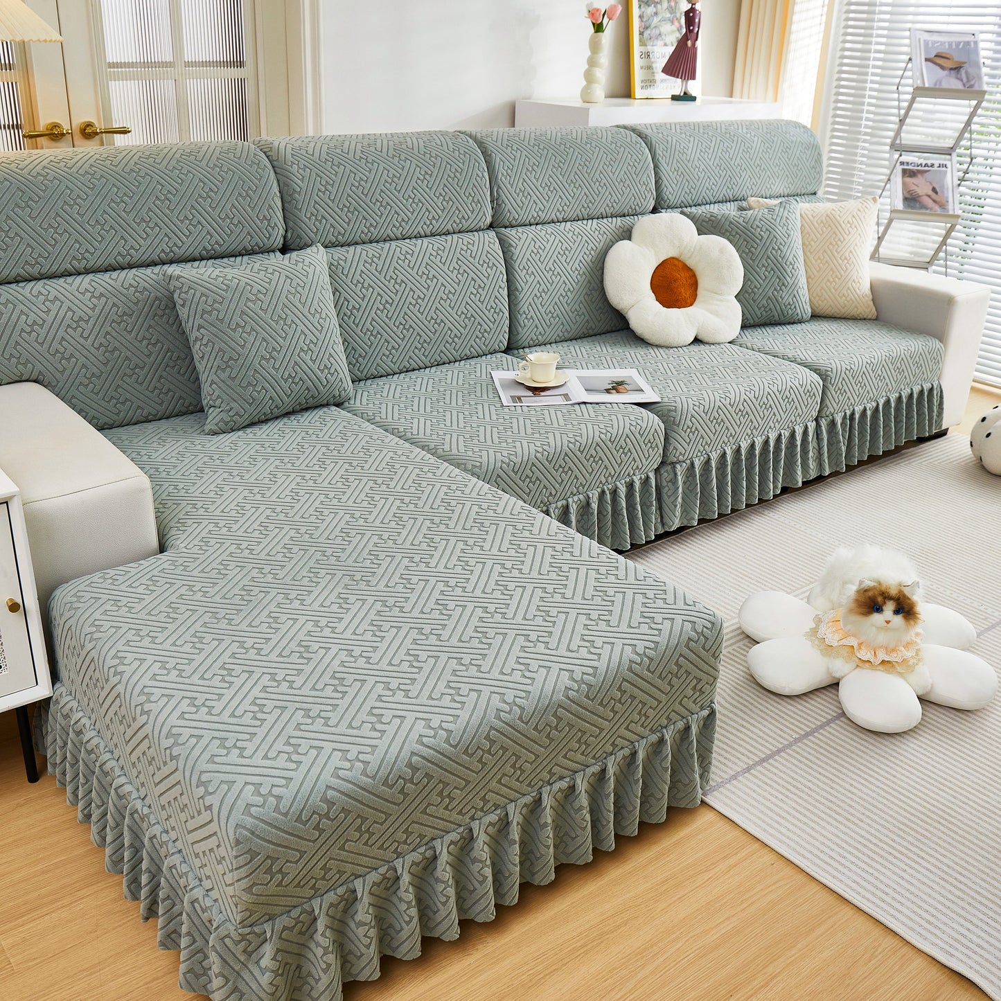 Stretch Sofa Covers with Skirt for Couch Seat and Cushion, Chaise, Sectional, 1/2/3/4 Seater Sofas in elegant living room setting.