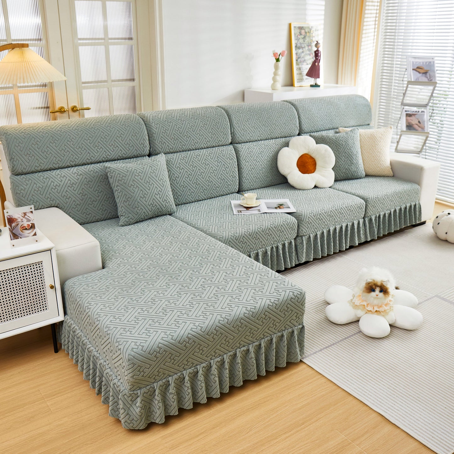 Stretch Sofa Covers with Skirt for Couch Seat and Cushion on a sectional sofa in a living room