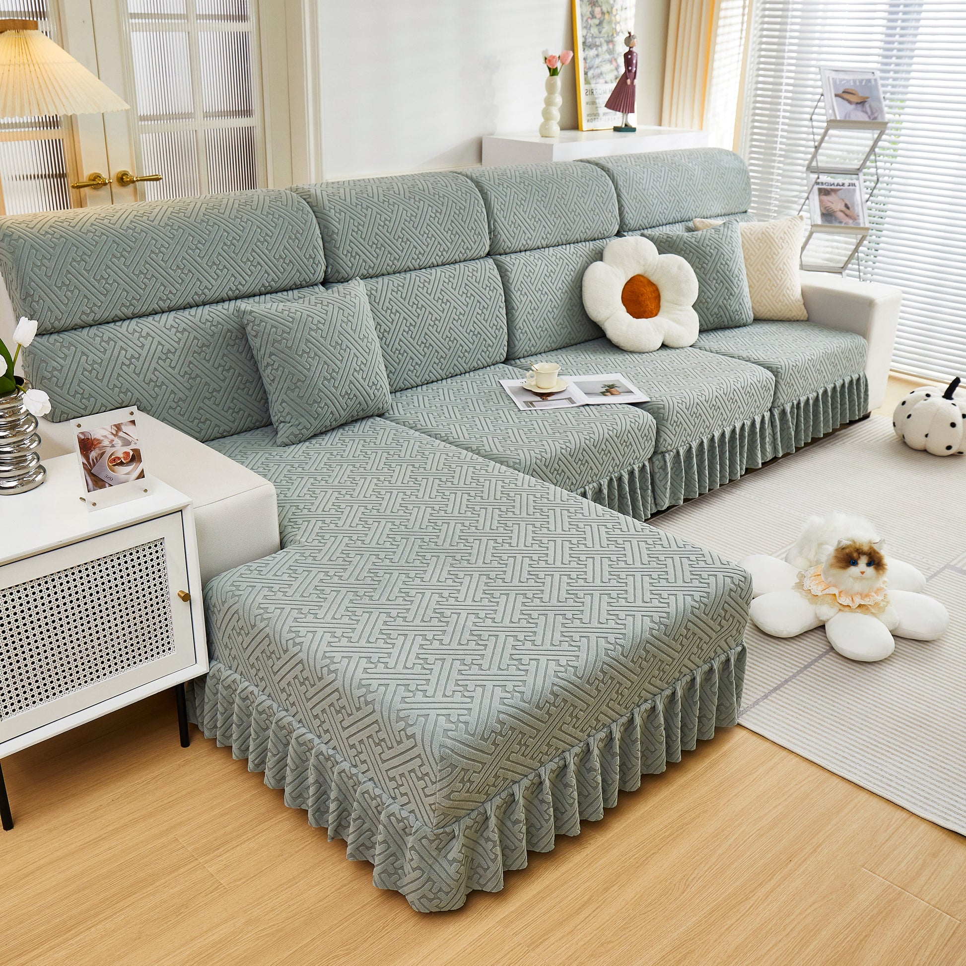 Stretch Sofa Covers with Skirt for Couch Seat and Cushion, Chaise, Sectional, 1/2/3/4 Seater Sofas in a stylish living room setting