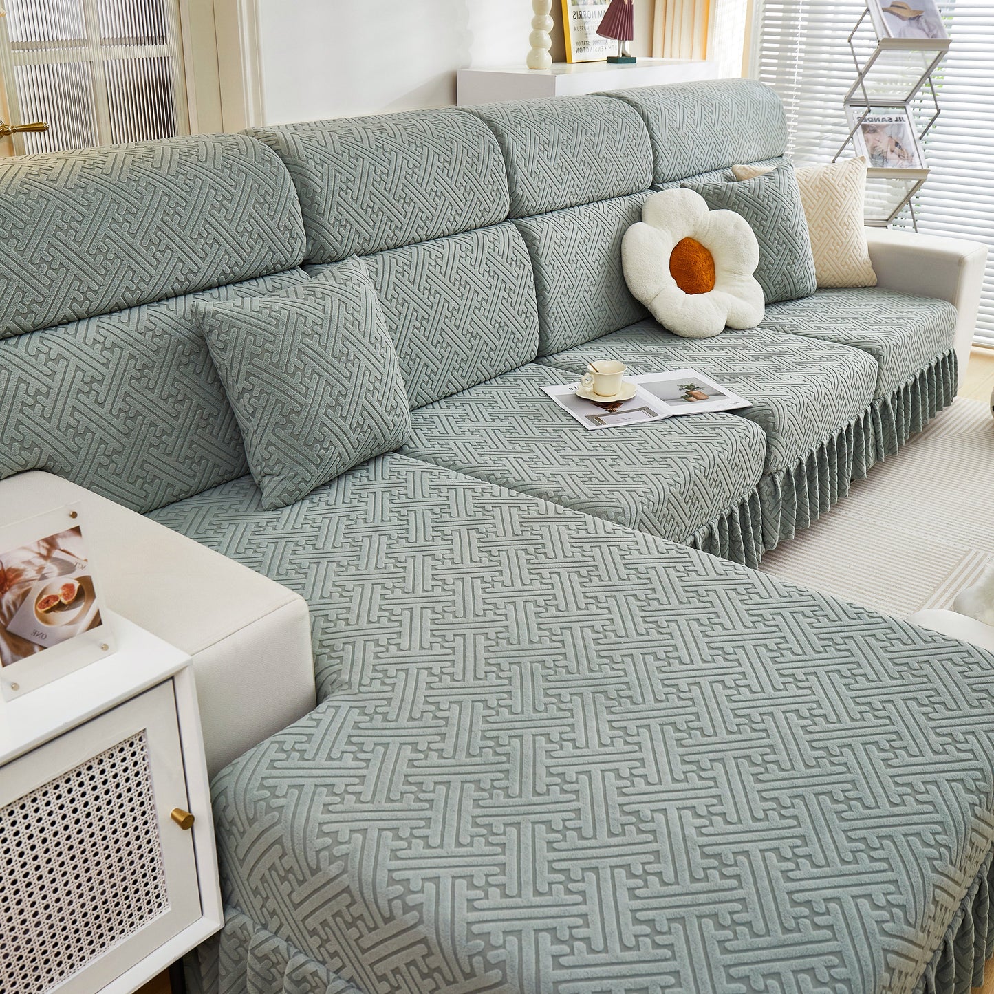 Stretch Sofa Covers with Skirt for Couch Seat and Cushion, Chaise, Sectional, 1/2/3/4 Seater Sofas in stylish living room setup