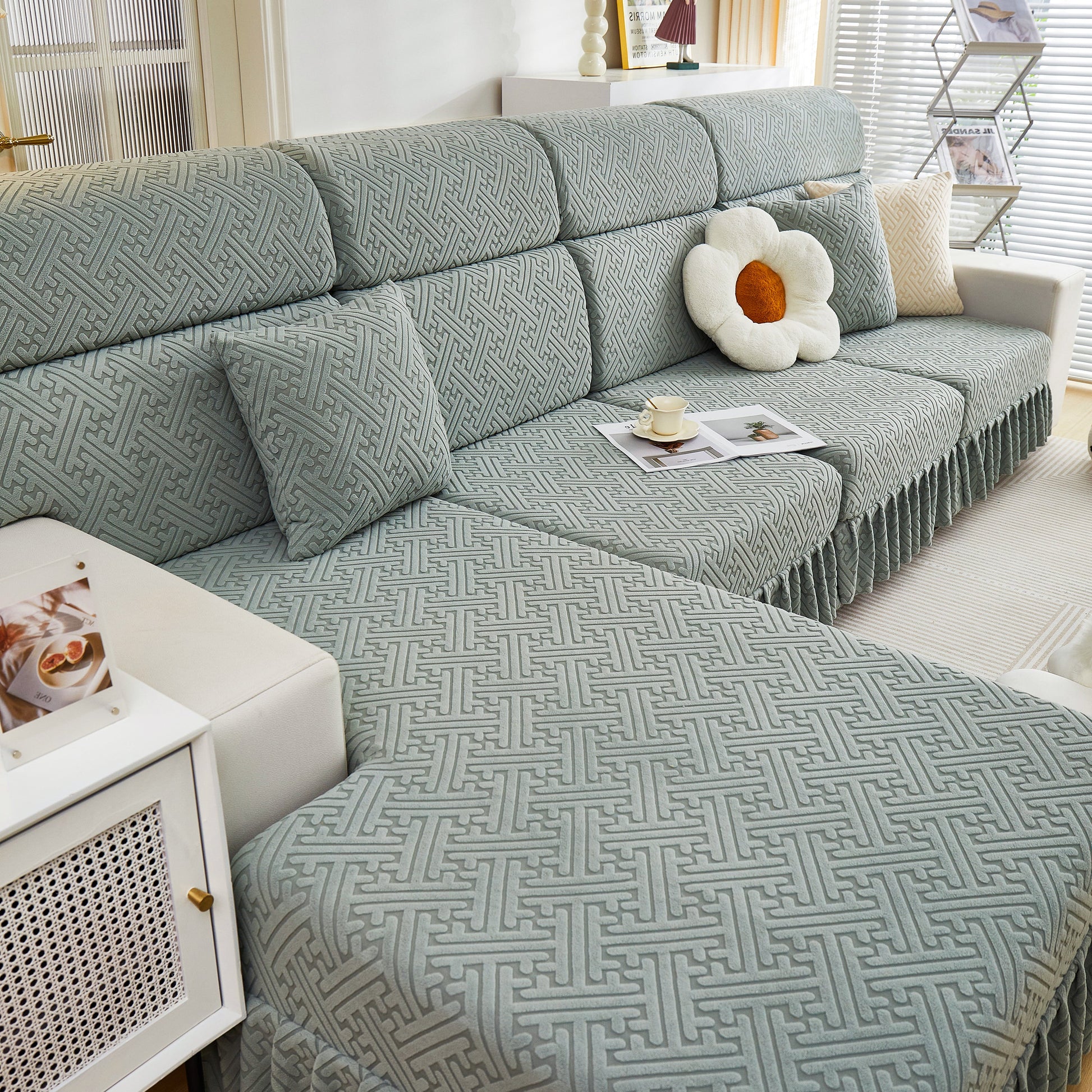 Stretch Sofa Covers with Skirt for Couch Seat and Cushion, Chaise, Sectional, 1/2/3/4 Seater Sofas in stylish living room setup