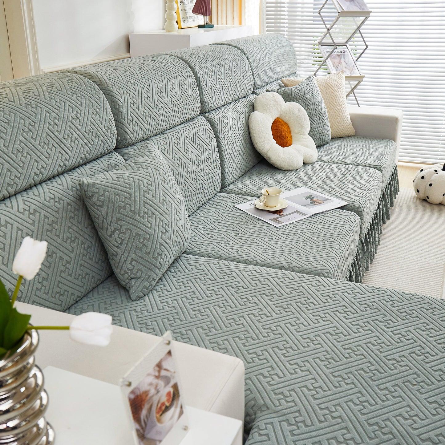 Alt Tag: Stretch Sofa Covers with Skirt for Couch Seat and Cushion, Chaise, Sectional, 1/2/3/4 Seater Sofas displayed in a living room