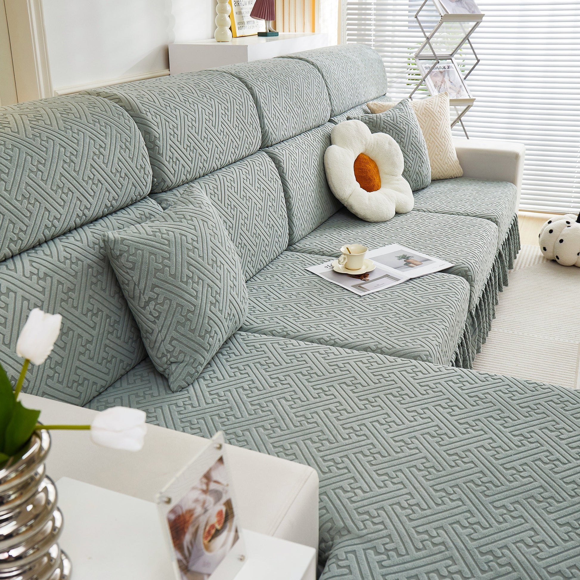 Alt Tag: Stretch Sofa Covers with Skirt for Couch Seat and Cushion, Chaise, Sectional, 1/2/3/4 Seater Sofas displayed in a living room
