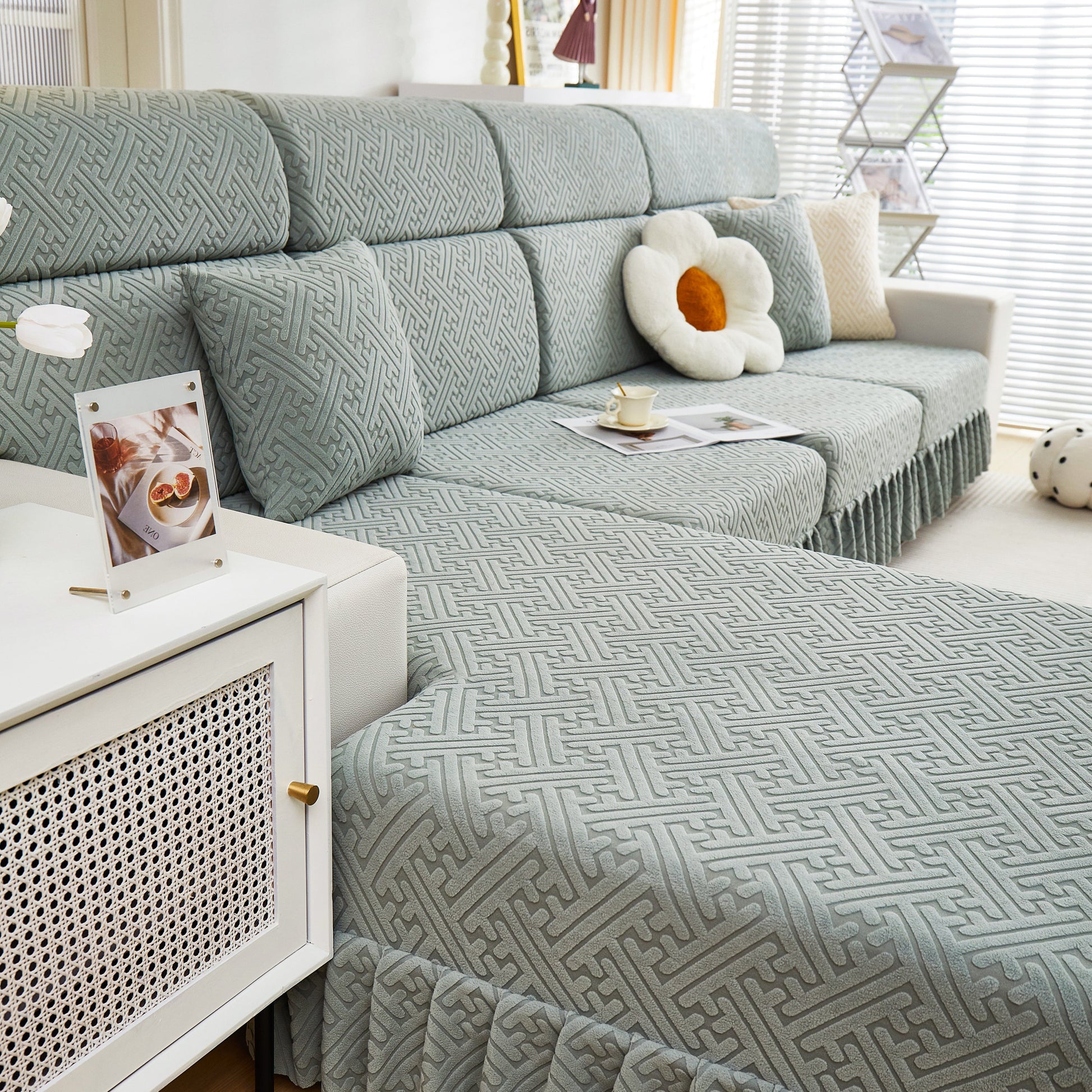 Stretch Sofa Covers with Skirt for Couch Seat and Cushion, Chaise, Sectional, 1/2/3/4 Seater Sofas in stylish living room setup
