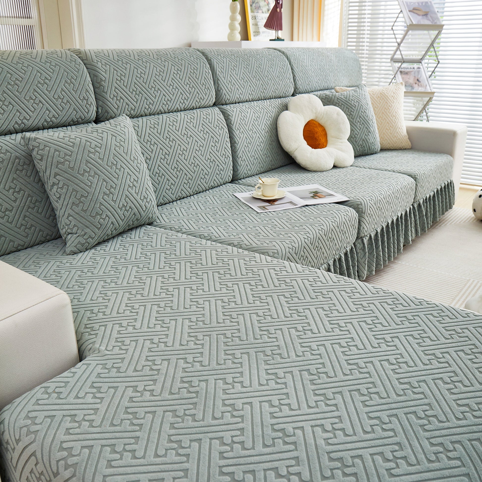 Stretch Sofa Covers with Skirt for Couch Seat and Cushion, Chaise, Sectional, 1/2/3/4 Seater Sofas in a living room setting