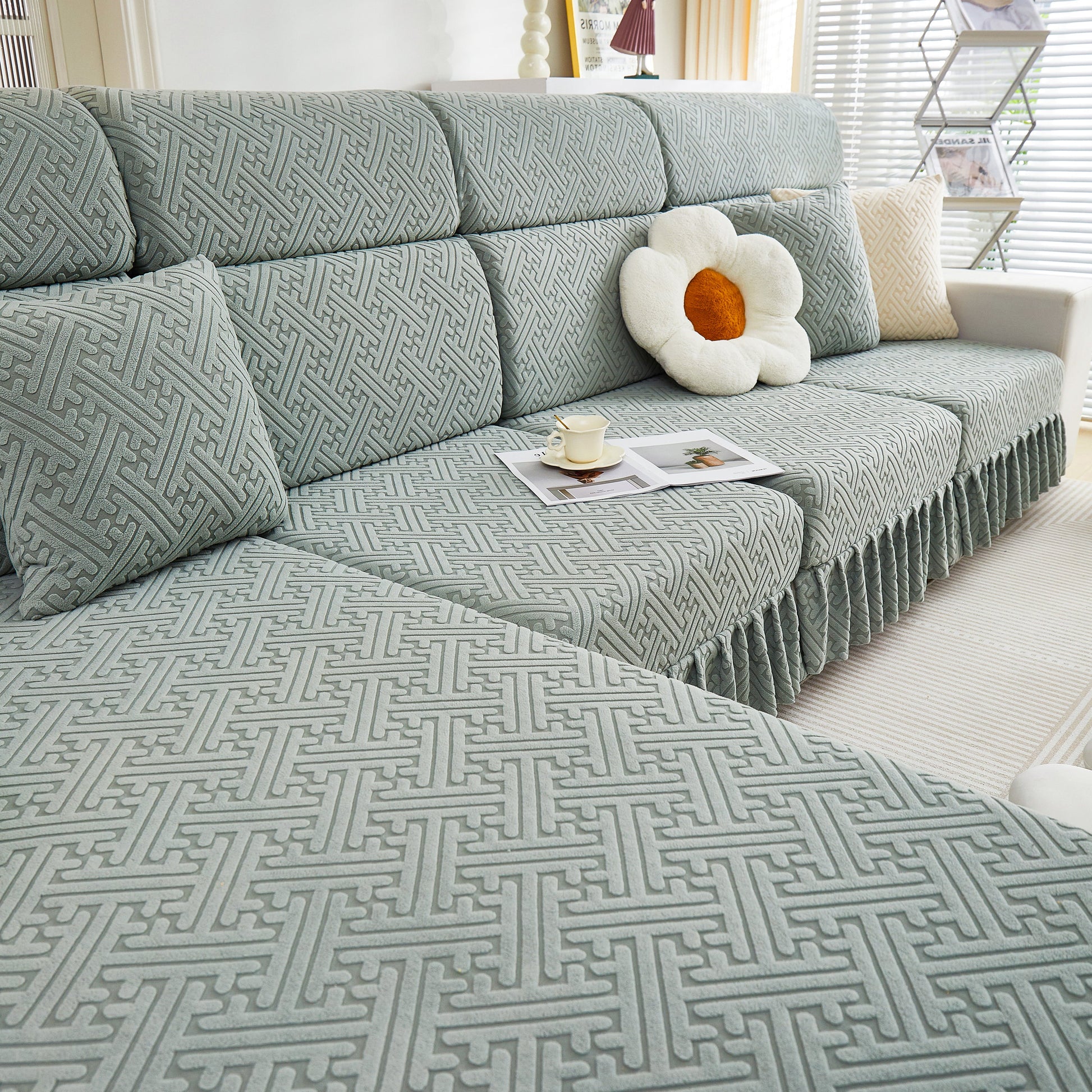 Stretch Sofa Covers with Skirt for Couch Seat and Cushion, Chaise, Sectional, 1/2/3/4 Seater Sofas in living room setting.