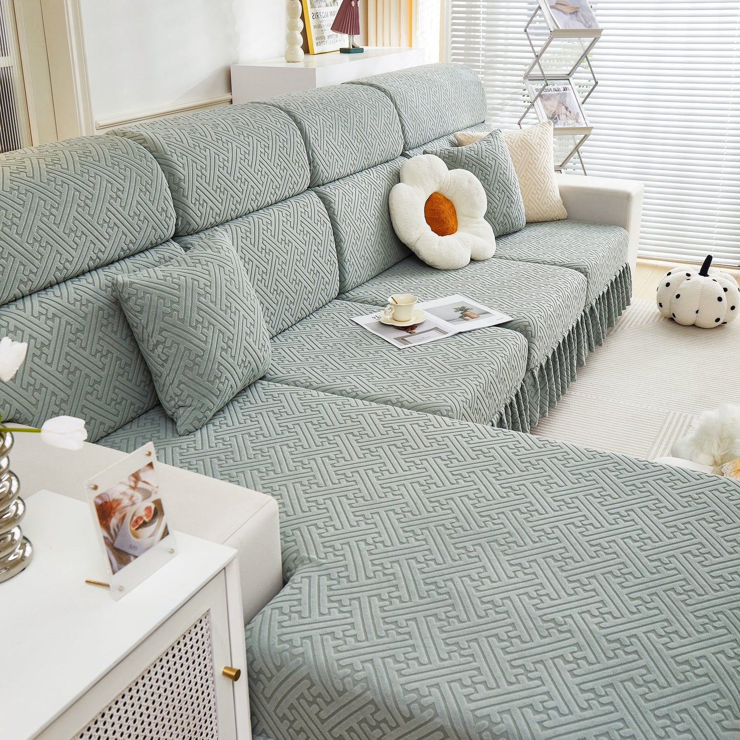 Living room sofa with Stretch Sofa Covers with Skirt for Couch Seat and Cushion, Chaise, Sectional, 1/2/3/4 Seater Sofas.