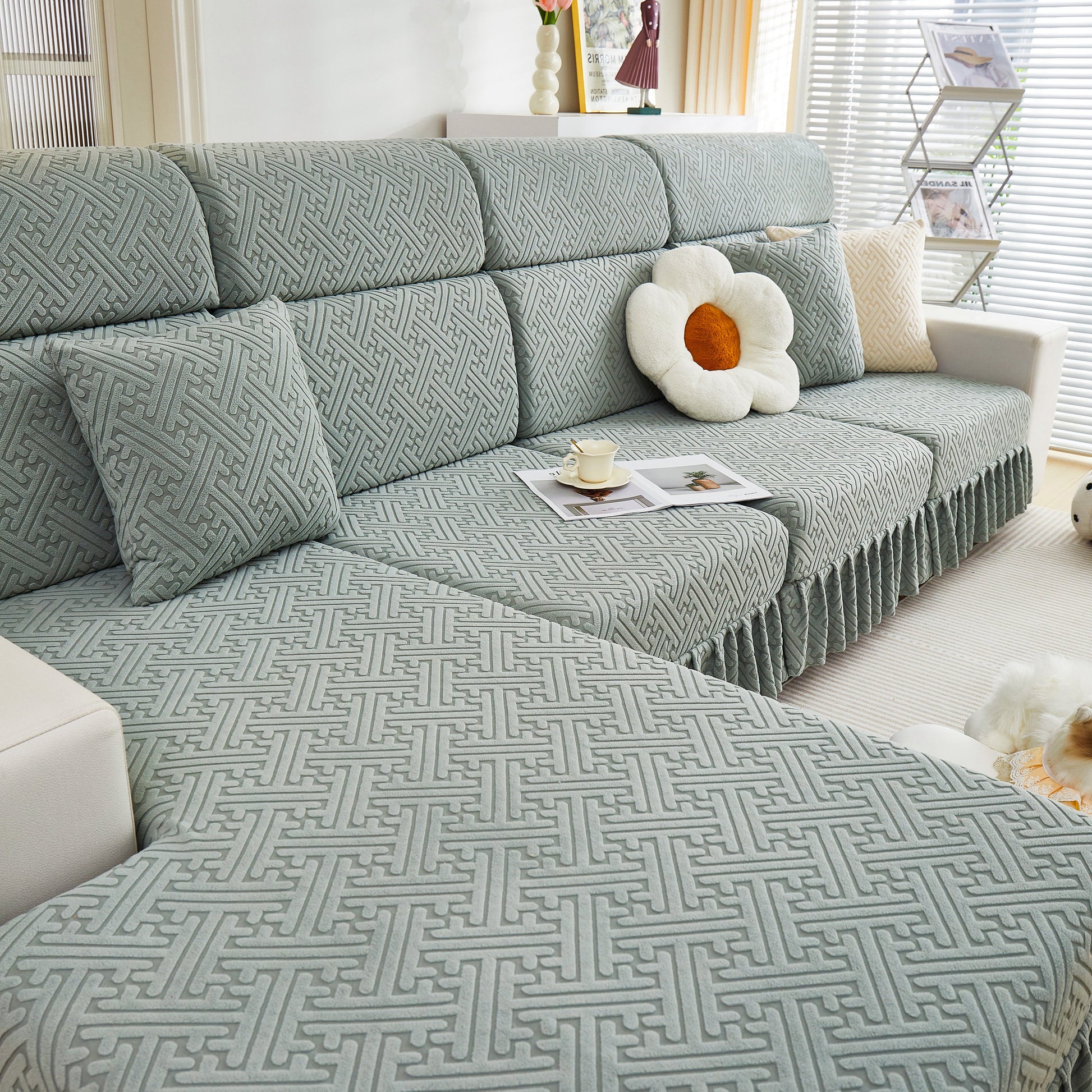 Stretch Sofa Covers with Skirt for Couch Seat and Cushion, Chaise, Sectional, 1/2/3/4 Seater Sofas, stylish living room setup