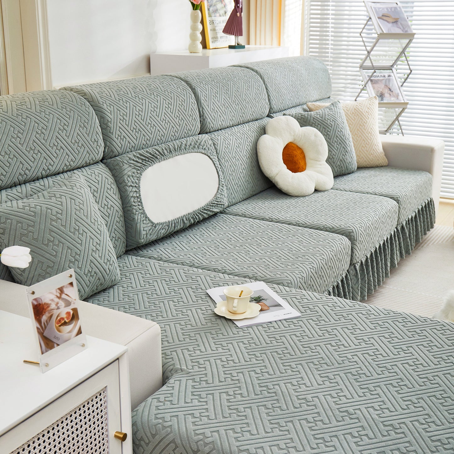 Elegant living room setup with Stretch Sofa Covers with Skirt for Couch Seat and Cushion, Chaise, Sectional, 1/2/3/4 Seater Sofas.