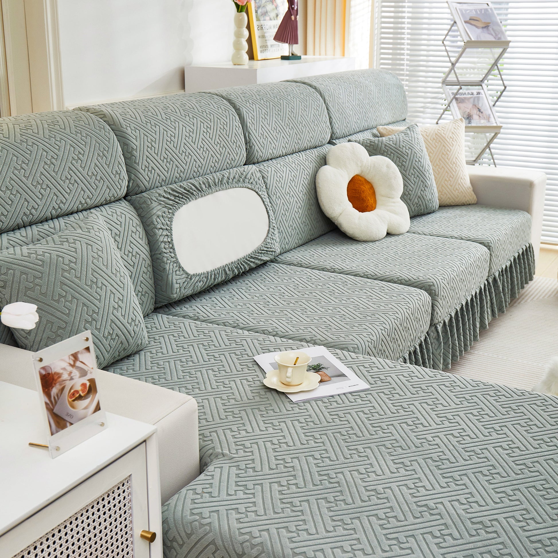 Elegant living room setup with Stretch Sofa Covers with Skirt for Couch Seat and Cushion, Chaise, Sectional, 1/2/3/4 Seater Sofas.