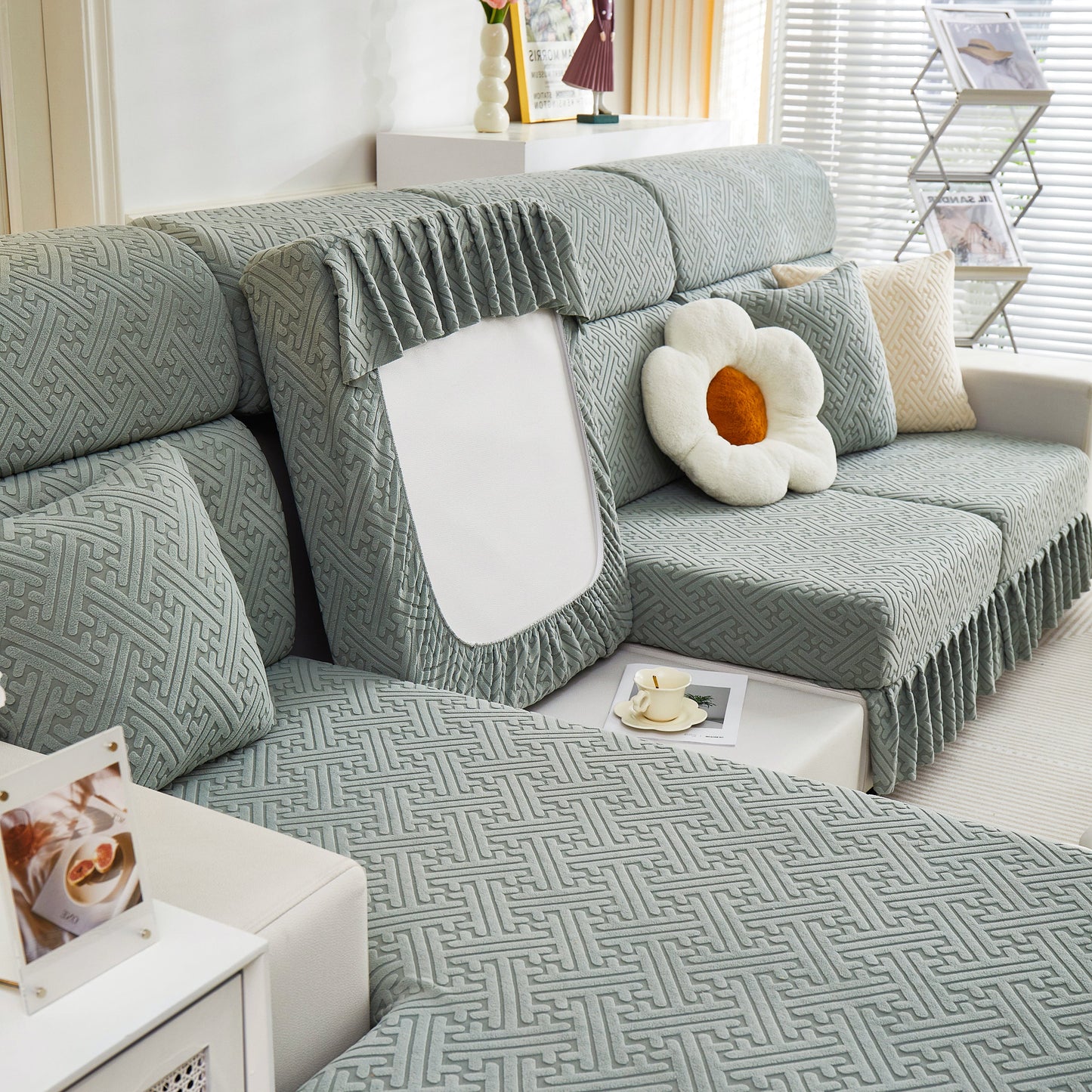 Stretch Sofa Covers with Skirt for Couch Seat and Cushion, Chaise, Sectional, 1/2/3/4 Seater Sofas in a living room setting