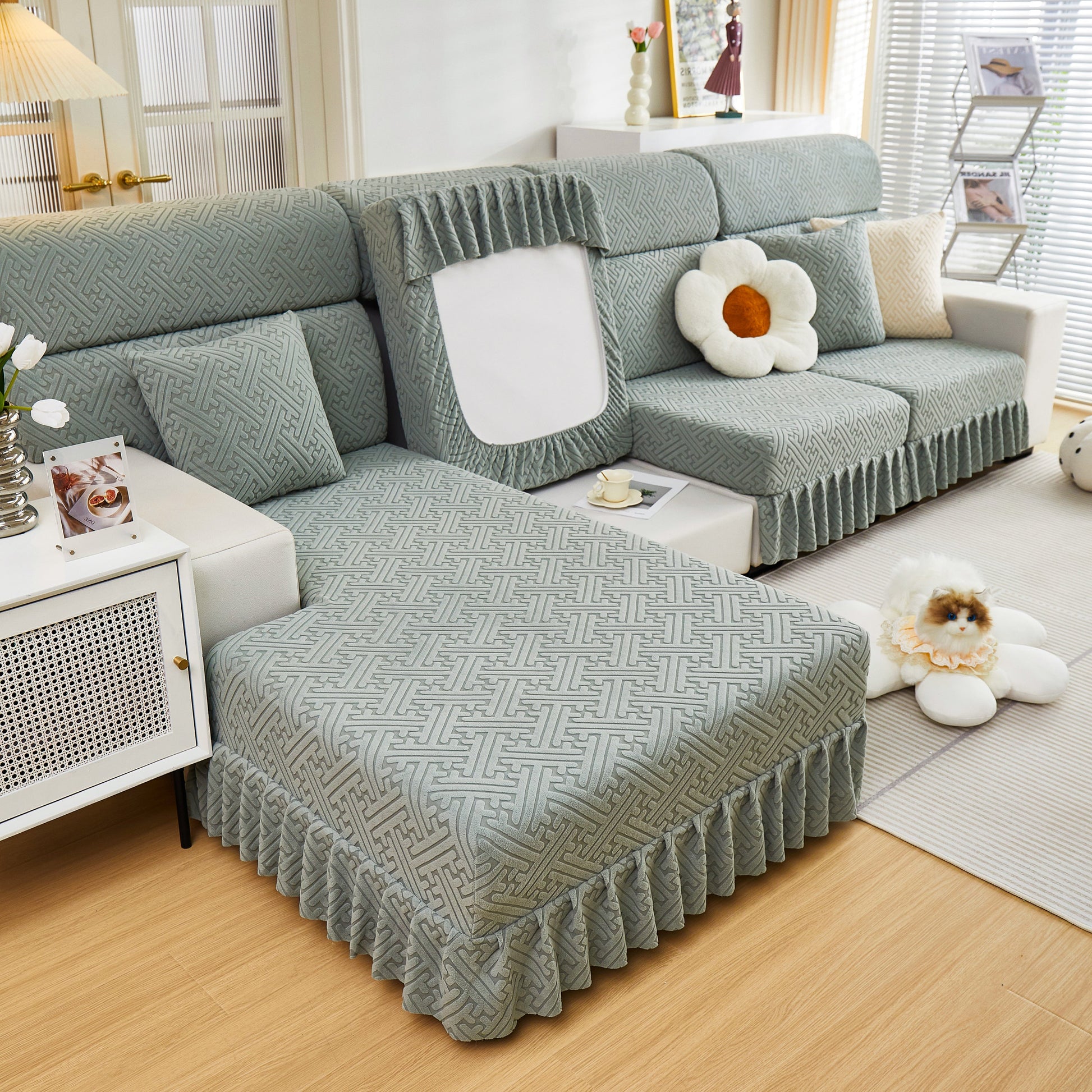 Stretch Sofa Covers with Skirt for Couch Seat and Cushion, Chaise, Sectional, 1/2/3/4 Seater Sofas in elegant living room setting